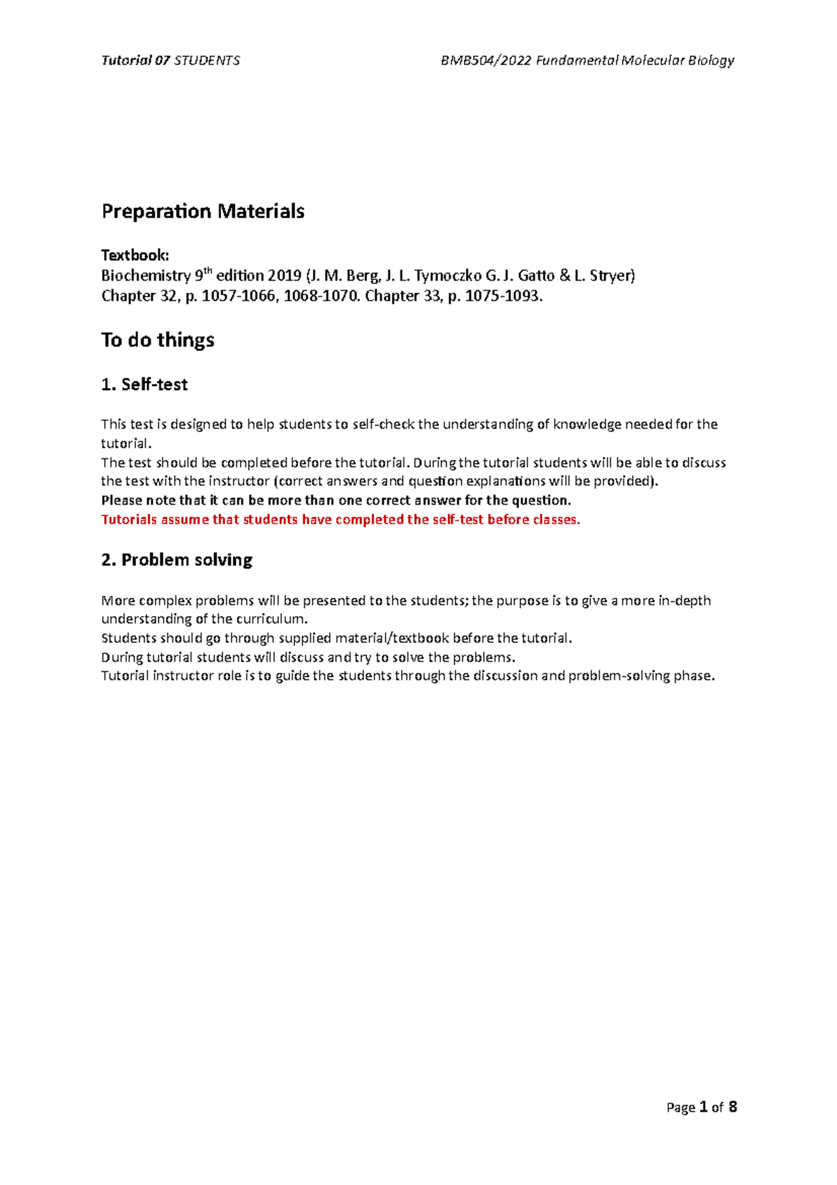 Gene expression Tutorial 7 Preparation Materials Textbook
