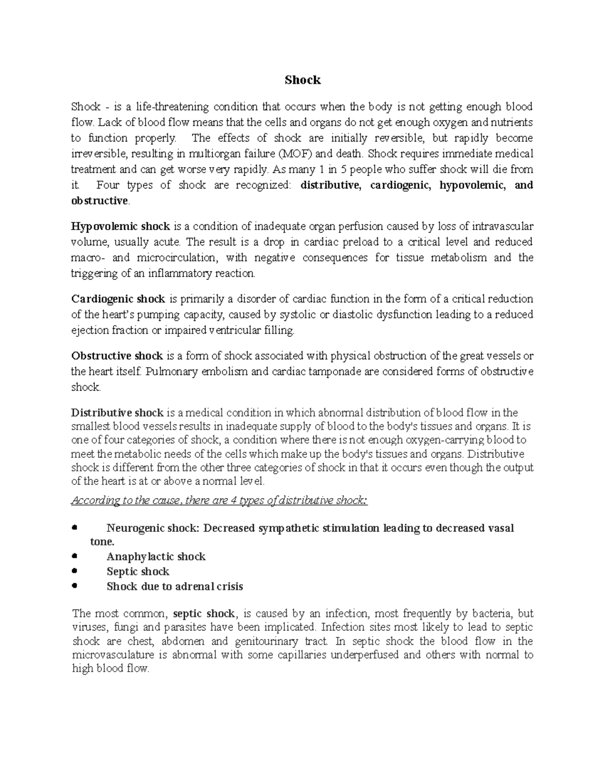 Shock & Burns summary Shock Shock is a lifethreatening condition