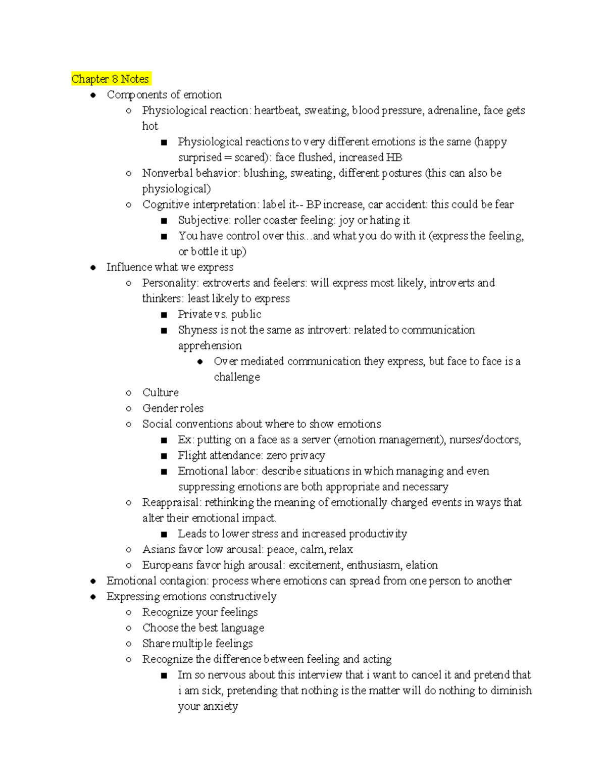 112 Chapter 8-12 Notes - Chapter 8 Notes Components of emotion ...