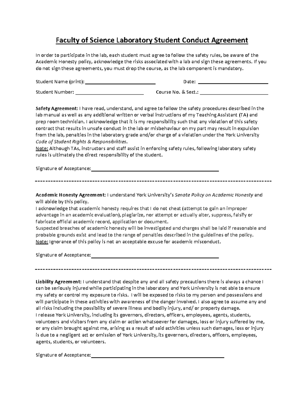 Laboratory Student Conduct Agreement - If you do not sign these ...