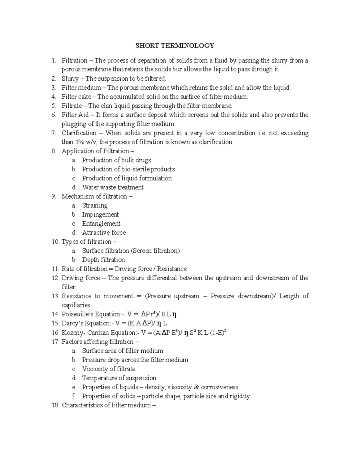 Filtration terminology for unit operation SHORT TERMINOLOGY