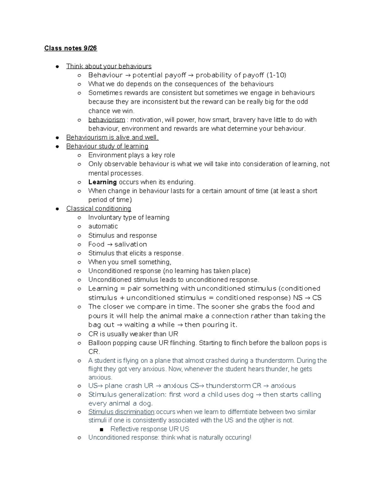 PSYC 101 unit 2 - Dotovich - Class notes 9/ Think about your behaviours ...