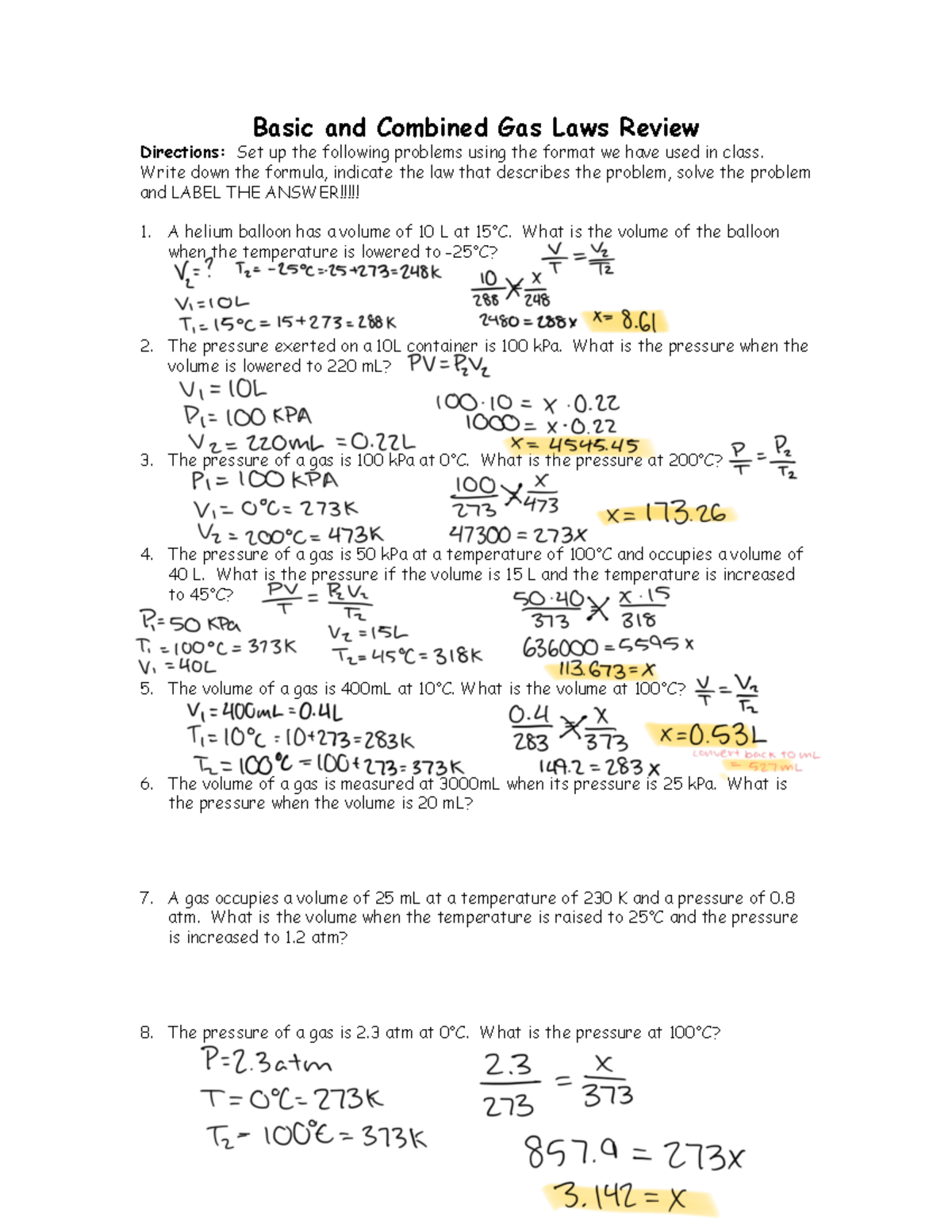 Review Gas Laws - Basic And Combined Gas Laws Review Directions: Set Up ...