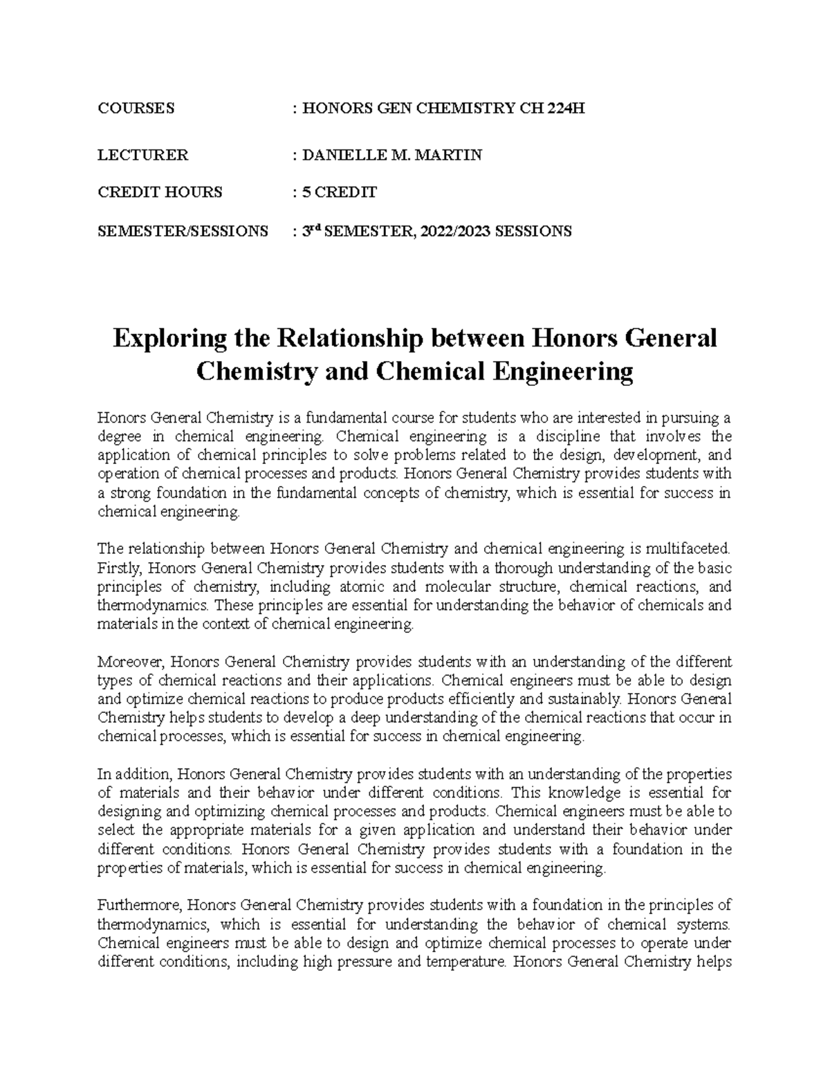 Honors General Chemistry and Chemical Engineering COURSES HONORS