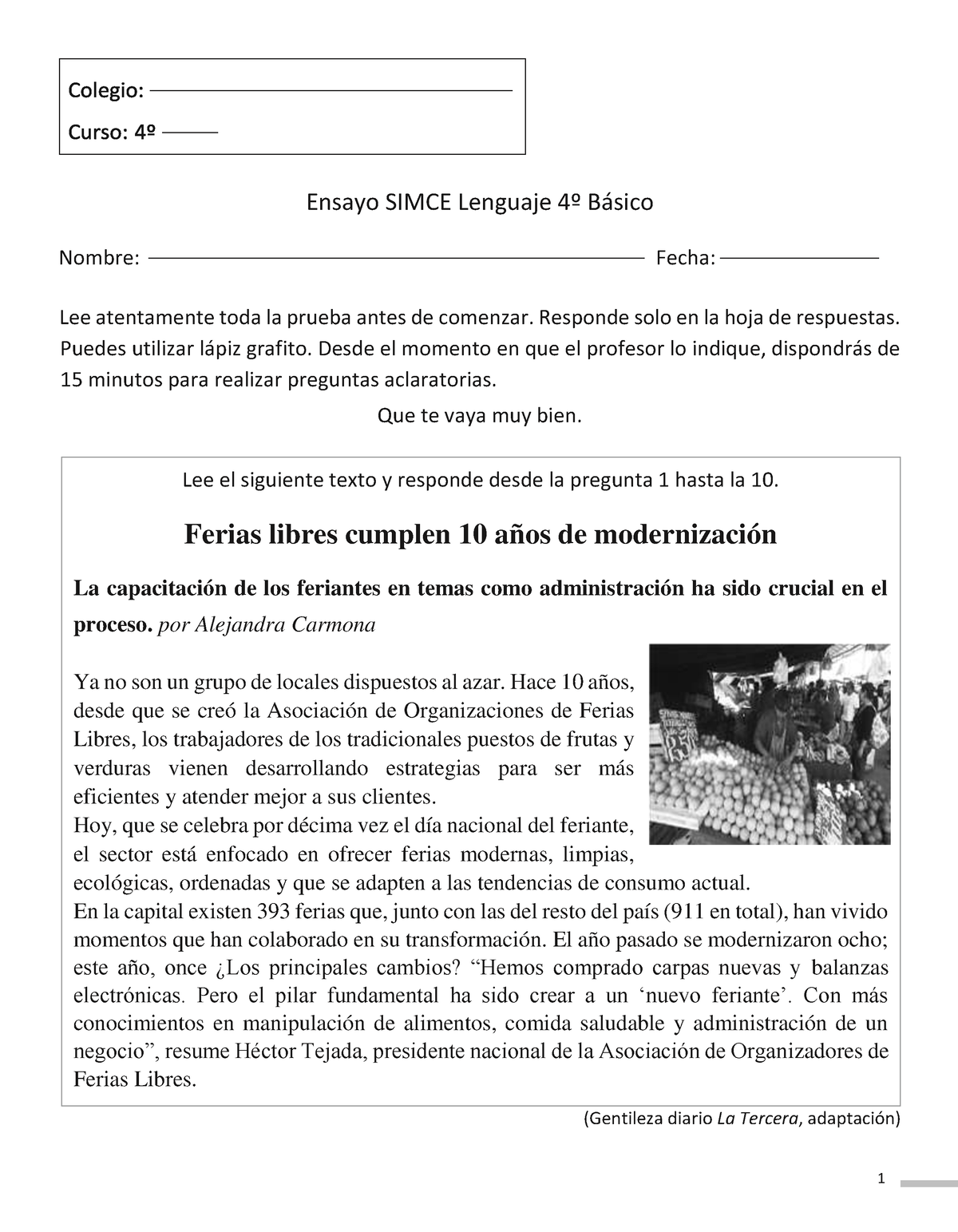 Simce 31-08 - Mirar - Ensayo SIMCE Lenguaje 4º Básico Nombre: Fecha ...