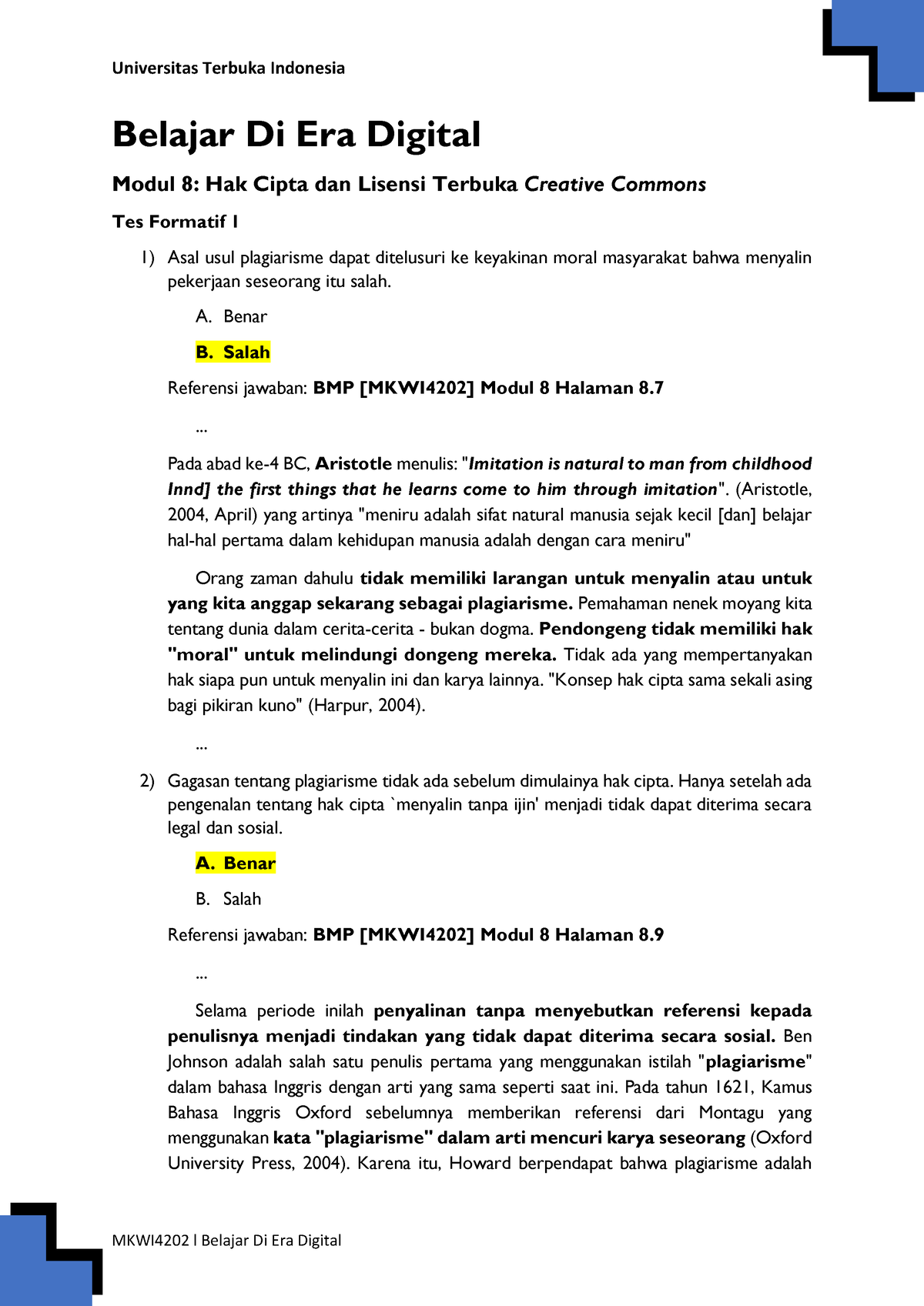 Pembahasan Tes Formatif [MKWI 4202] Modul 8 Hak Cipta Dan Lisensi ...