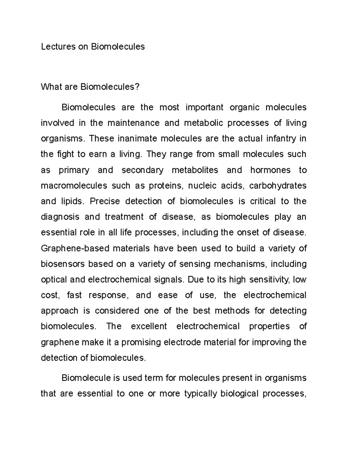 LecturesonBiomolecules and its Importance Lectures on Biomolecules
