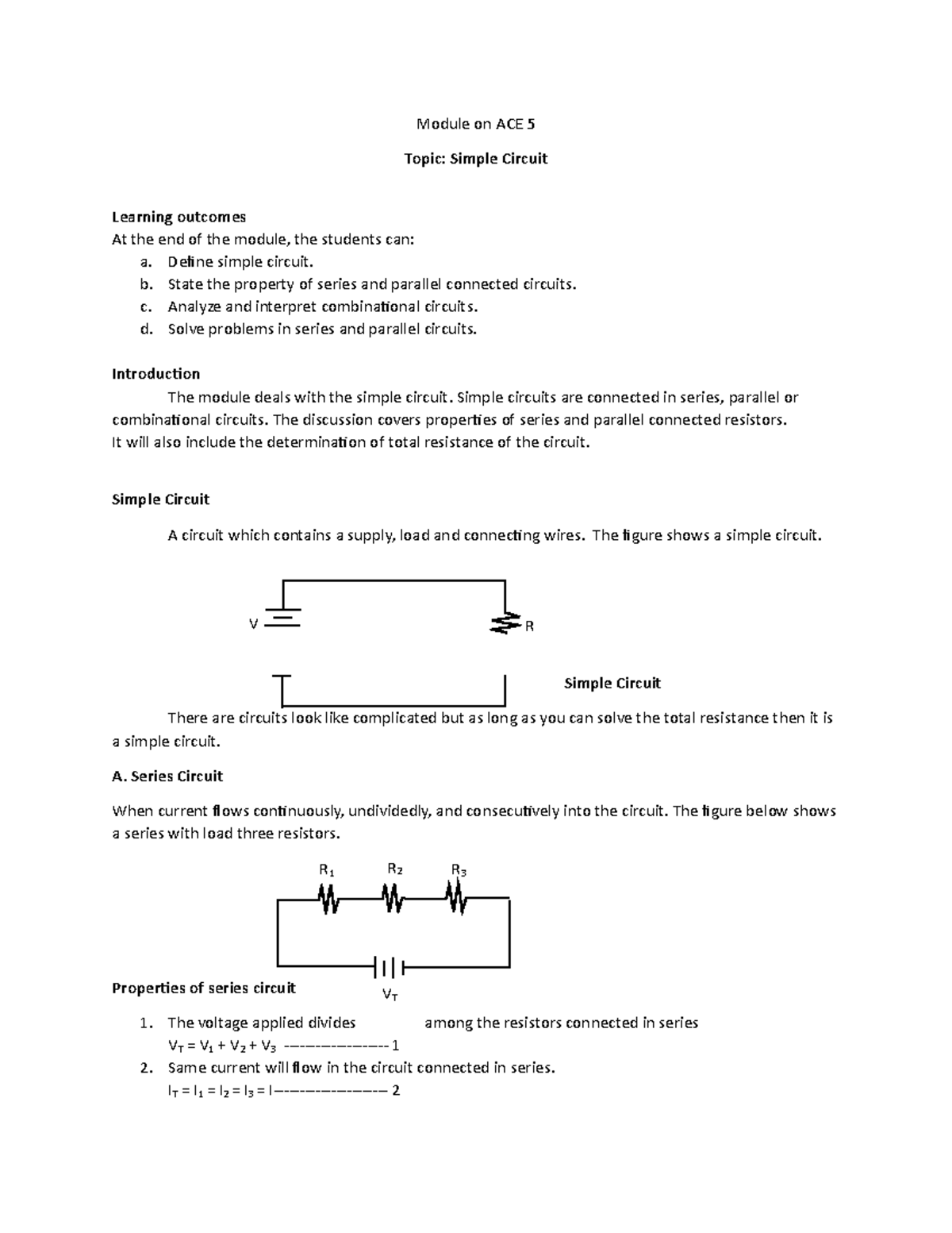 Simple Circuit - Module on ACE 5 Topic: Simple Circuit Learning ...