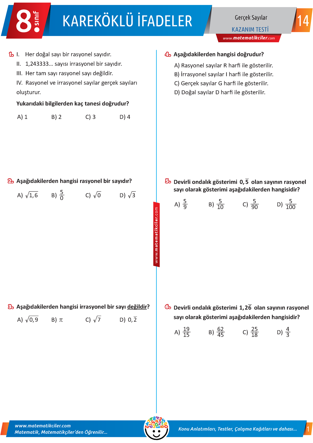 8.14 - Gerçek Sayılar Testi - Matematikciler Matematik, Matematikçiler ...