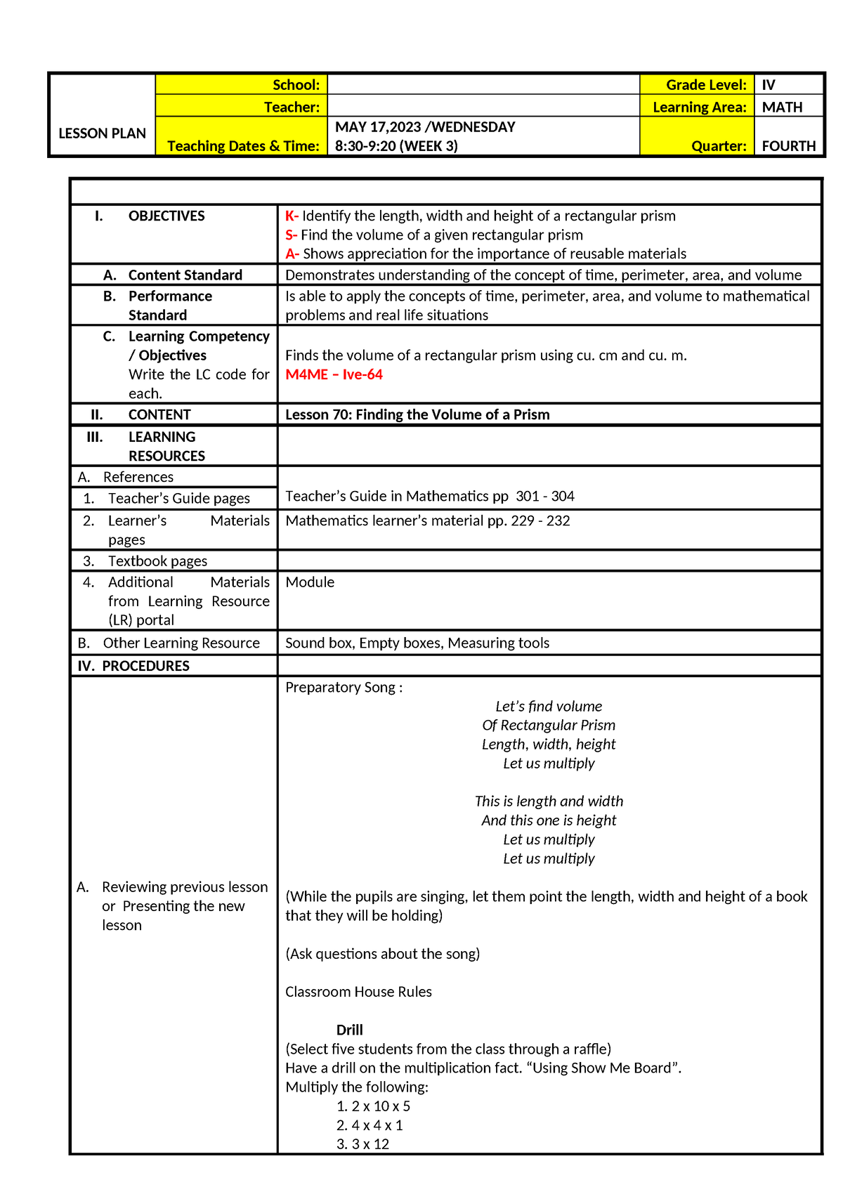 Math 4-Quarter 4-Week 3 - LESSON PLAN School: Grade Level: IV Teacher ...