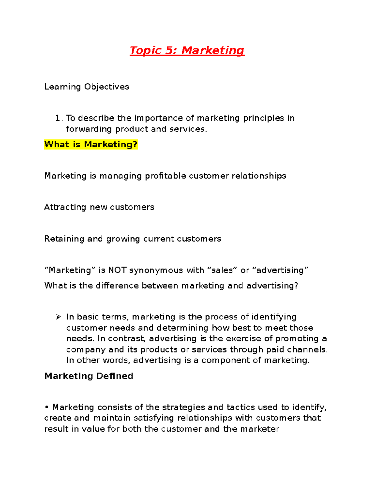 Marketing Entrepreneurship - Topic 5: Marketing Learning Objectives To ...