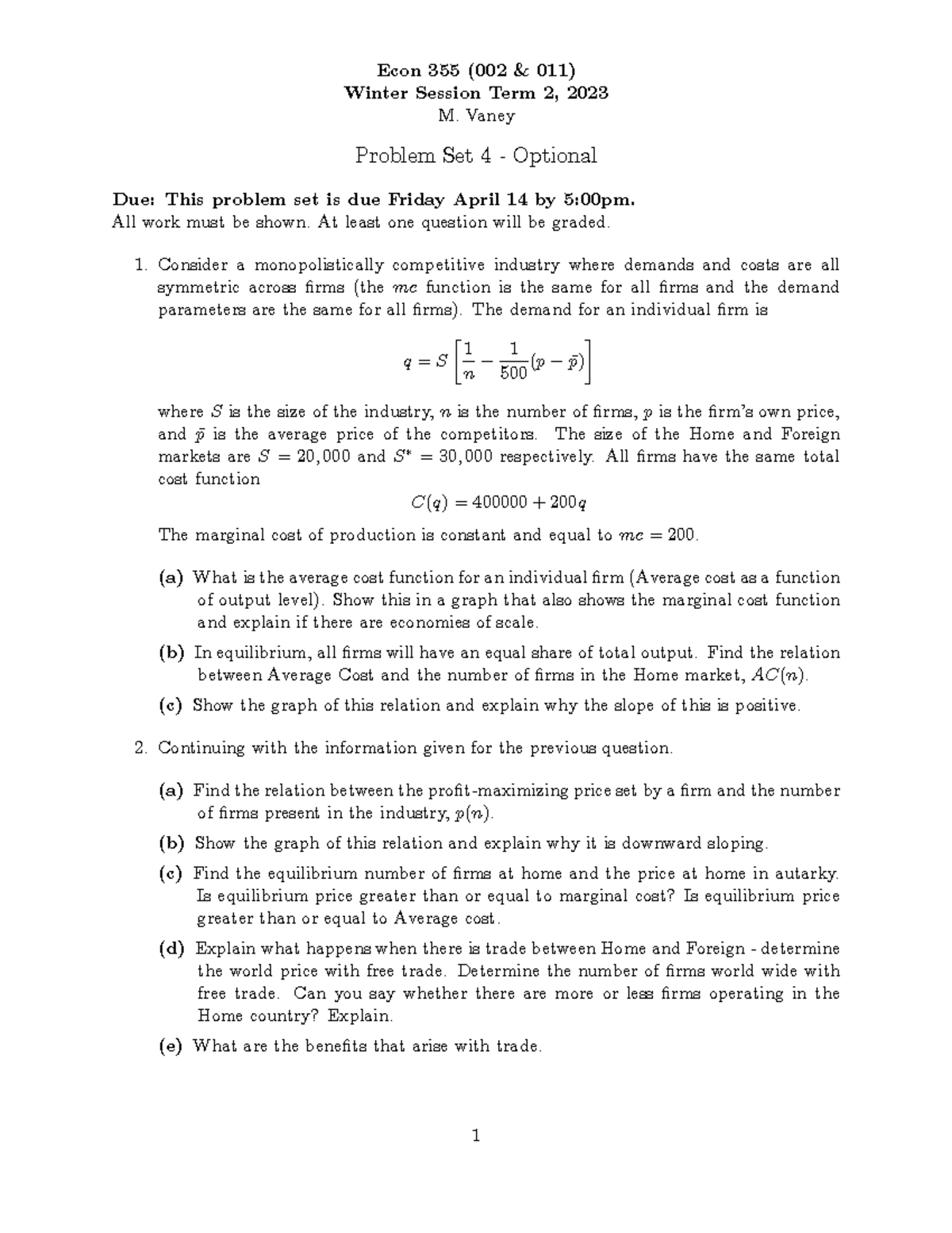 2023 - Winter Term 2 - Econ 355 - Problem Set 4 - Optional - Econ 355 ...