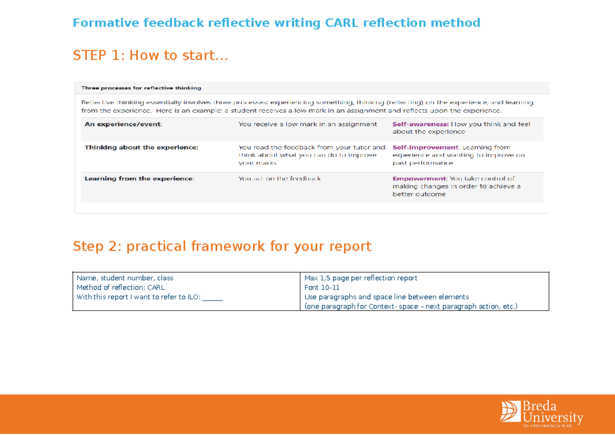Formative feedback form reflective writing Carl Method - Formative ...