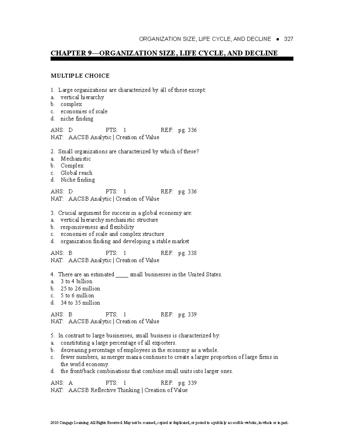 TB Chapter 09 - TESTBANK CH 9 - ORGANIZATION SIZE, LIFE CYCLE, AND ...