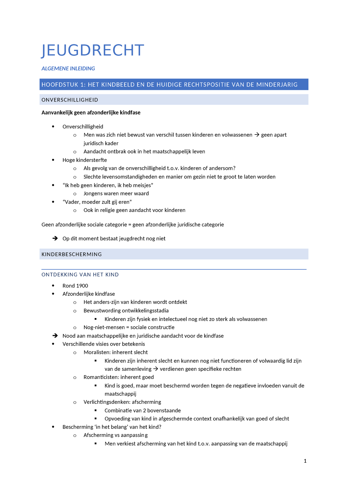 Samenvatting - JEUGDRECHT ALGEMENE INLEIDING HOOFDSTUK 1: HET KINDBEELD ...