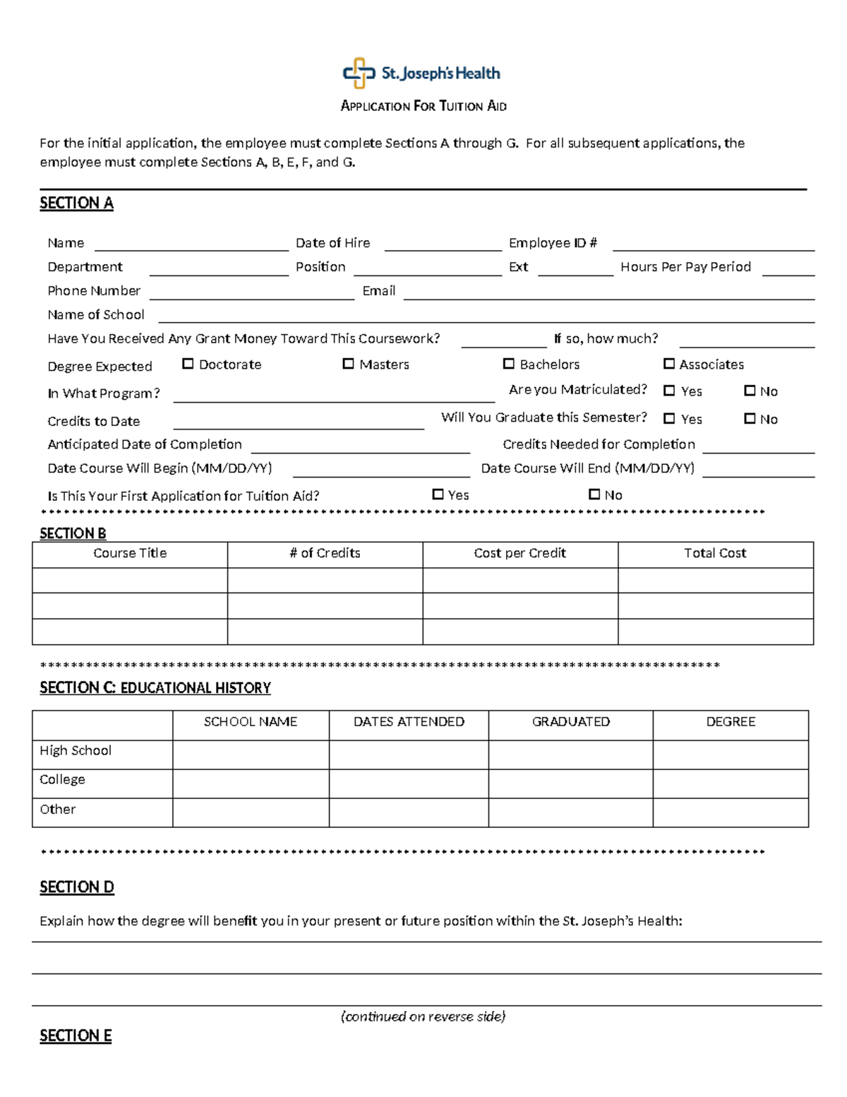 Tuition Aid Application - APPLICATION FOR TUITION AID For the initial ...