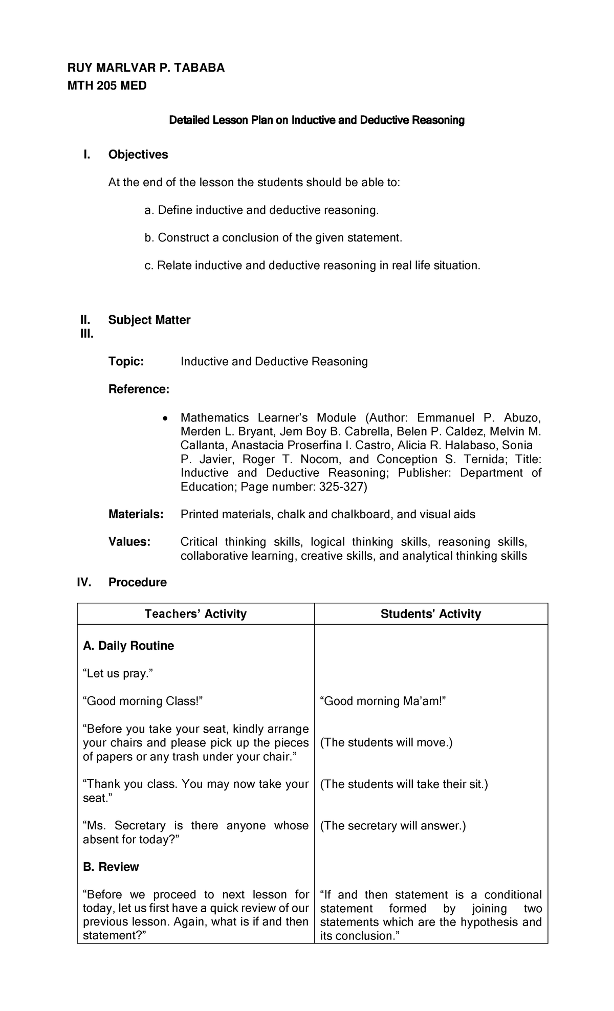 Detailed Lesson Plan on Inductive and Deductive Reasoning - RUY MARLVAR ...