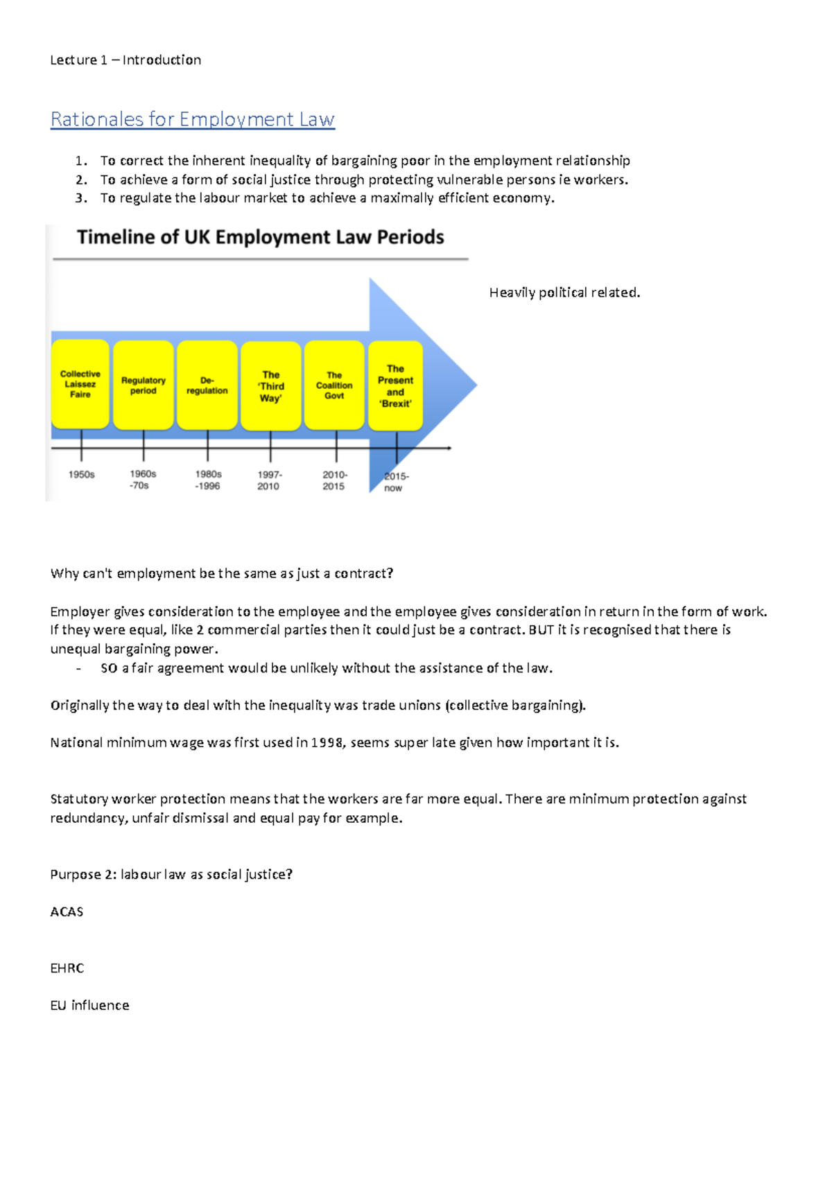 Introduction to Employment Law Lecture 1 notes - Lecture 1 ...