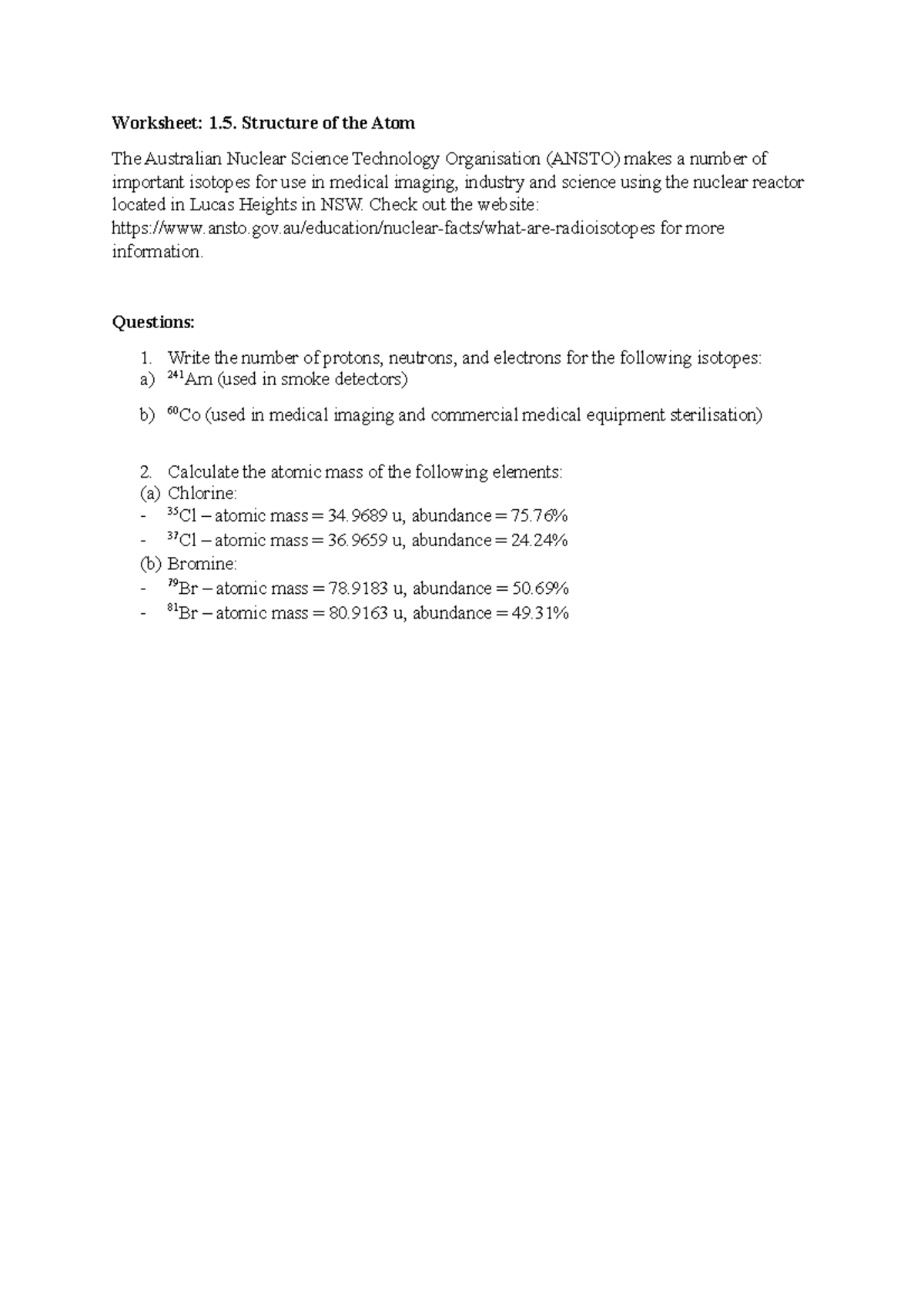 Worksheet 1 5 Structure Of The Atom Worksheet 1 Structure Of The