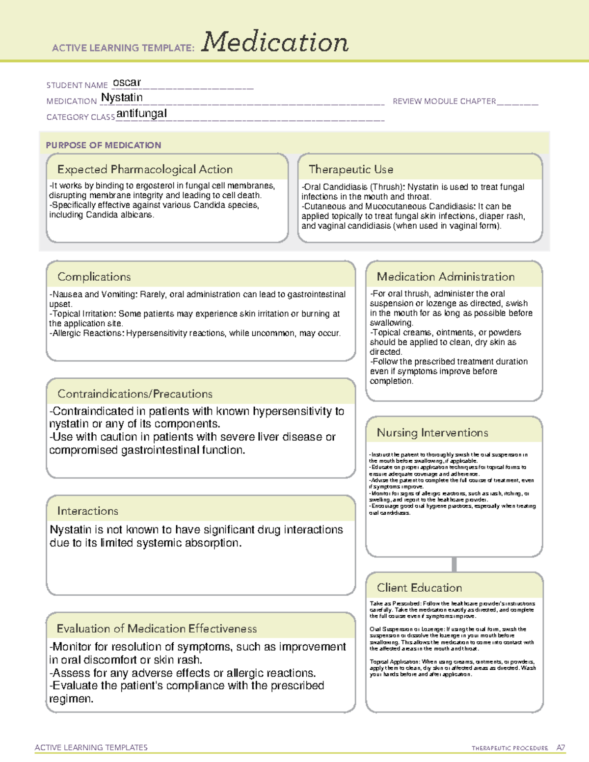 Nystatin - med card - ACTIVE LEARNING TEMPLATES TherapeuTic procedure A ...