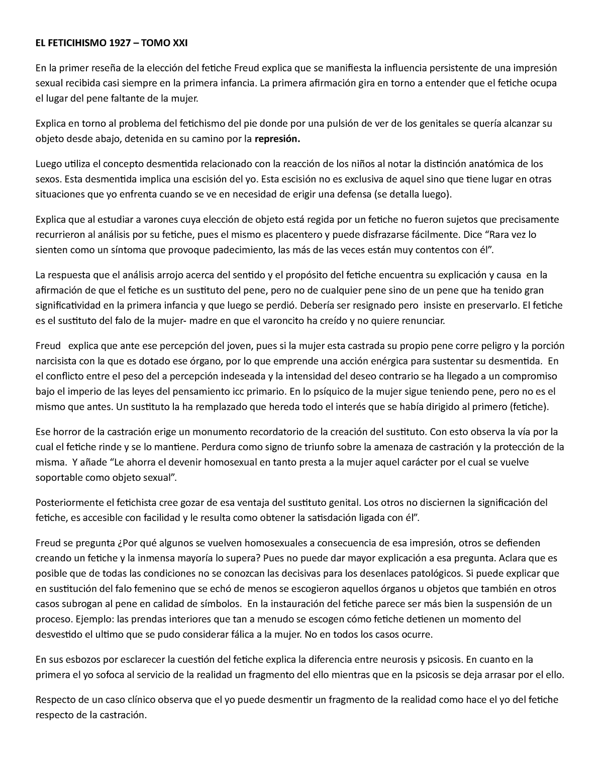 EL Feticihismo 1927 - FETICHISMO, COMO PIENSA FREUD A LOS SUJETOS QUE NO ESTAN CASTRADOS Y SUS