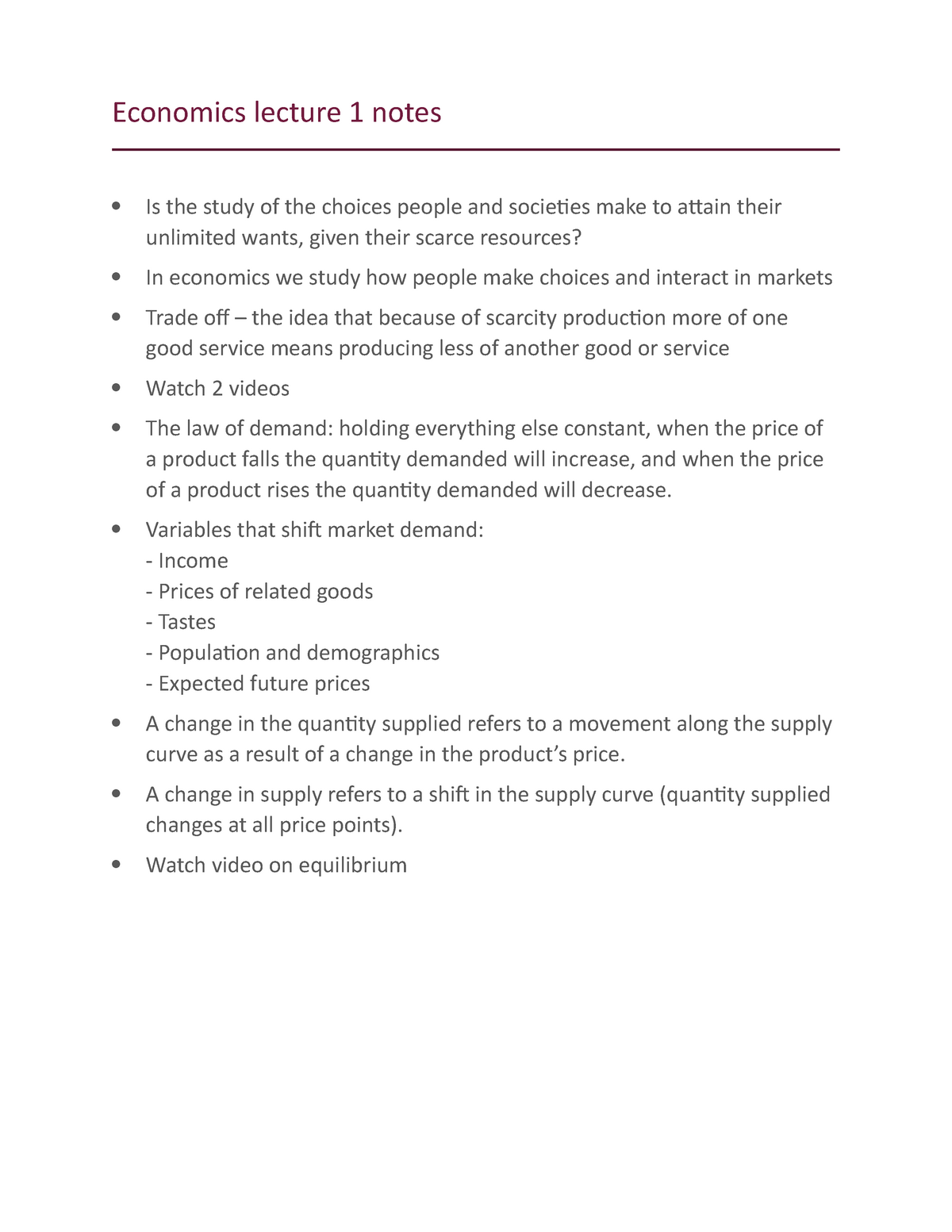 Economics Lecture 1 Notes - Economics Lecture 1 Notes Is The Study Of ...