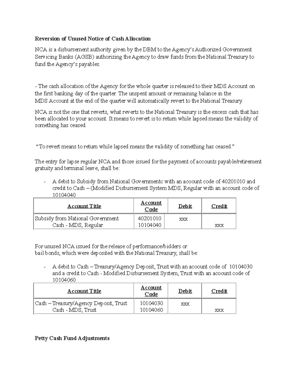 Reversion of unused NCA & PCF - Reversion of Unused Notice of Cash ...