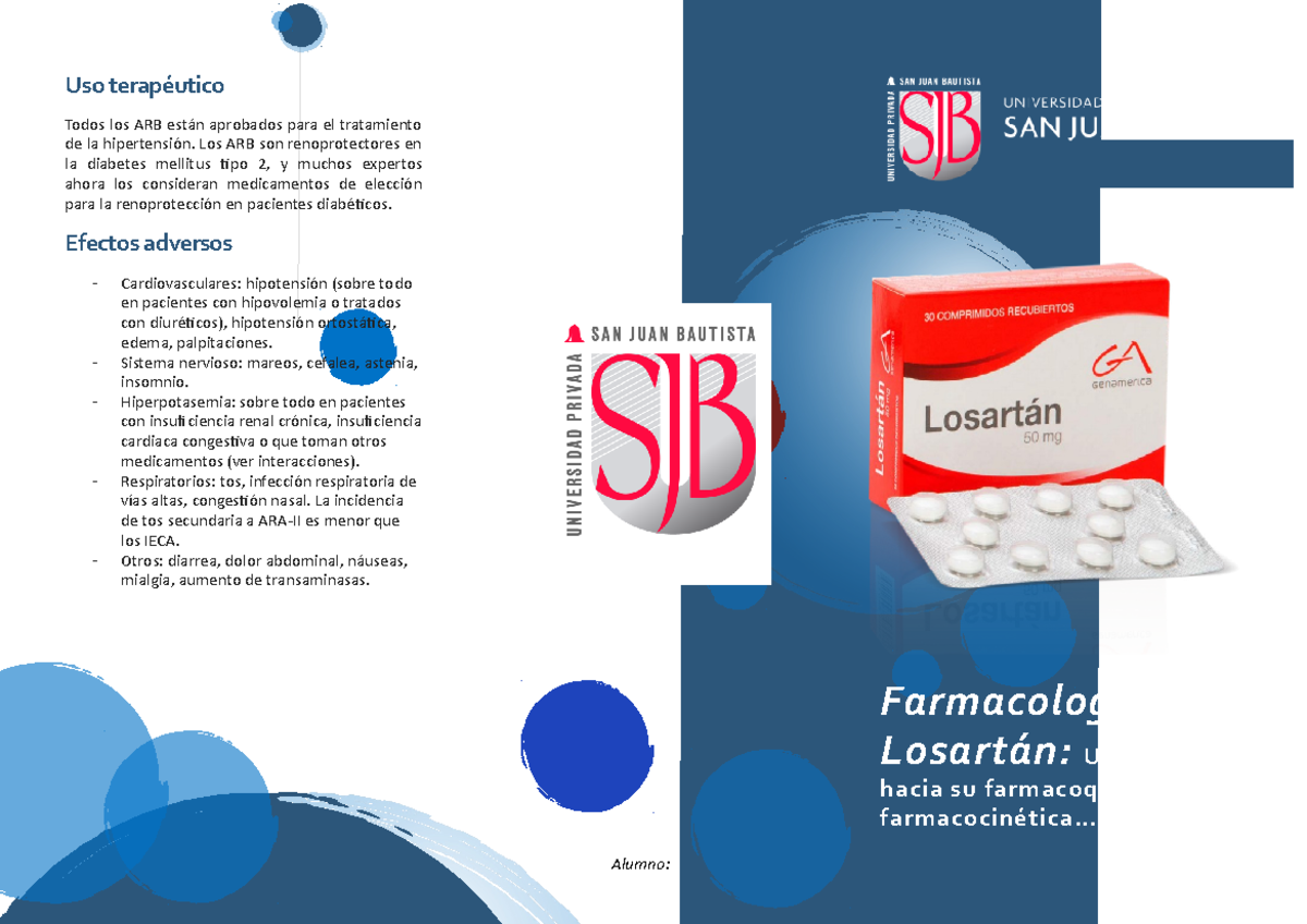 Tríptico losartan Uso terapéutico Todos los ARB están aprobados para