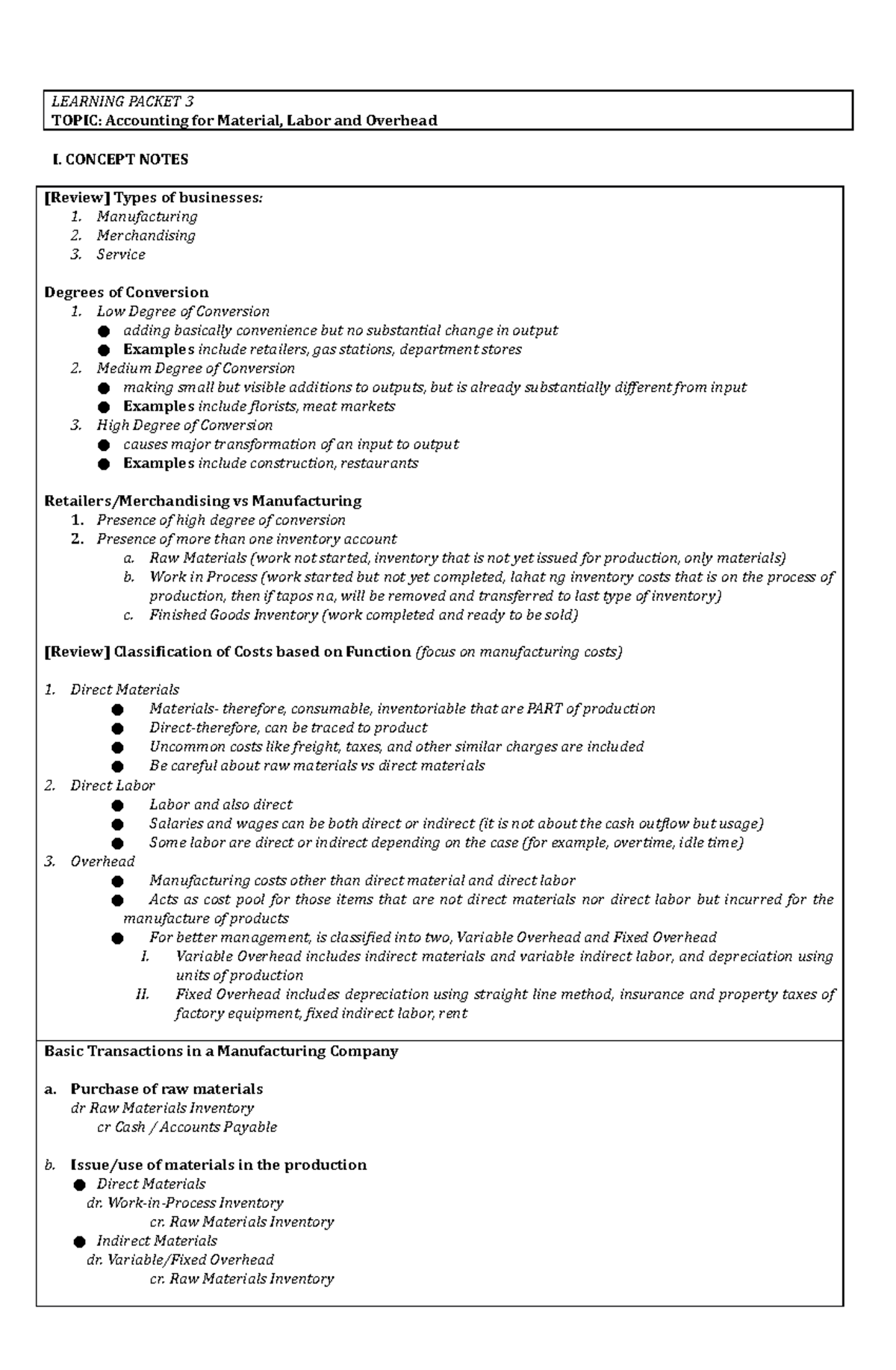 Accounting for Materials, Labor and Overhead - CONCEPT NOTES [Review ...
