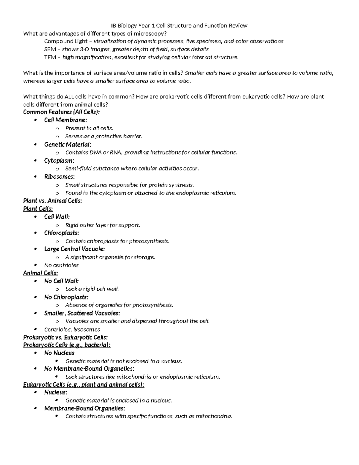 Ib Biology Year 1 Cell Structure And Function Review - What Things Do 