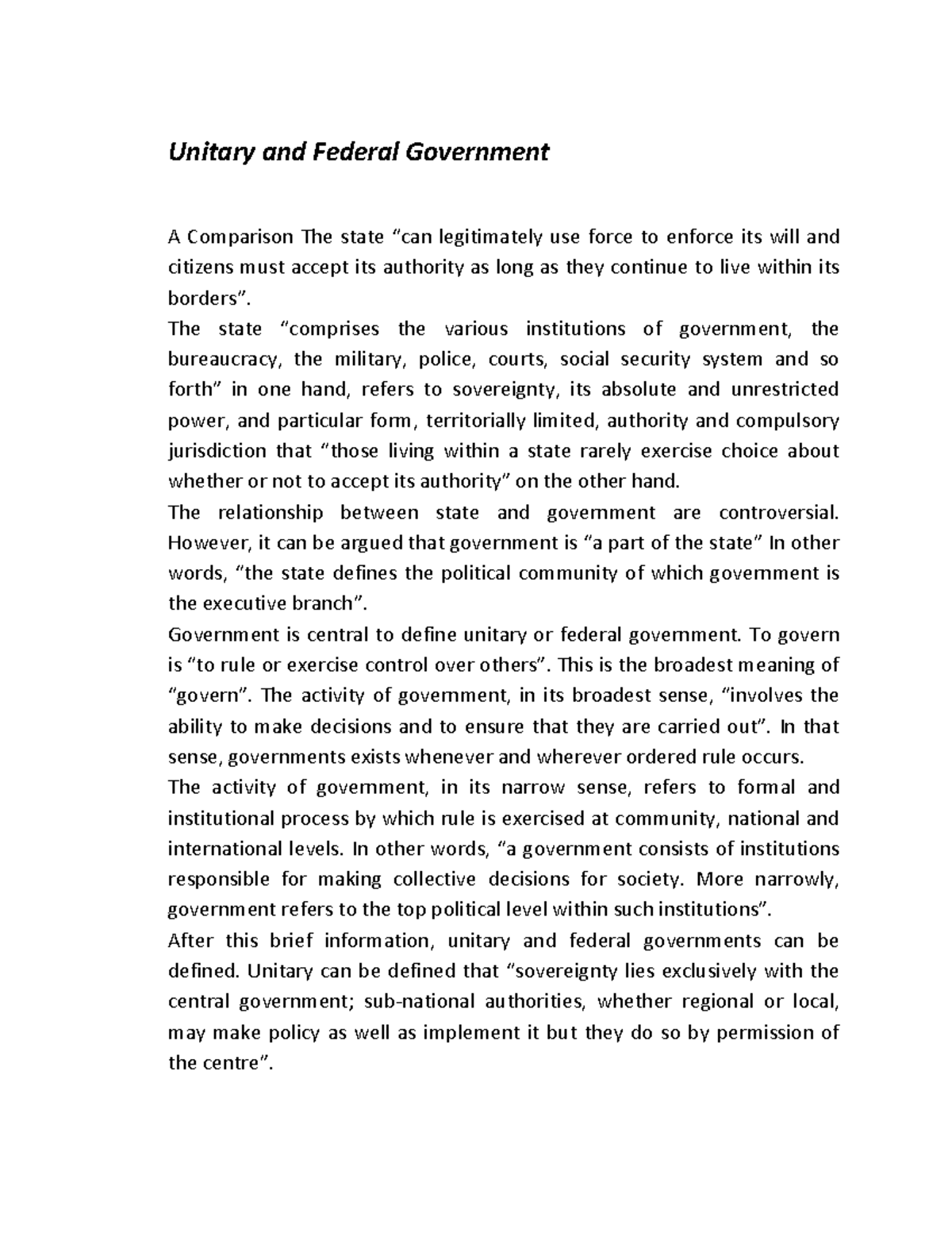 393869871 Unitary and Federal Government Unitary and Federal