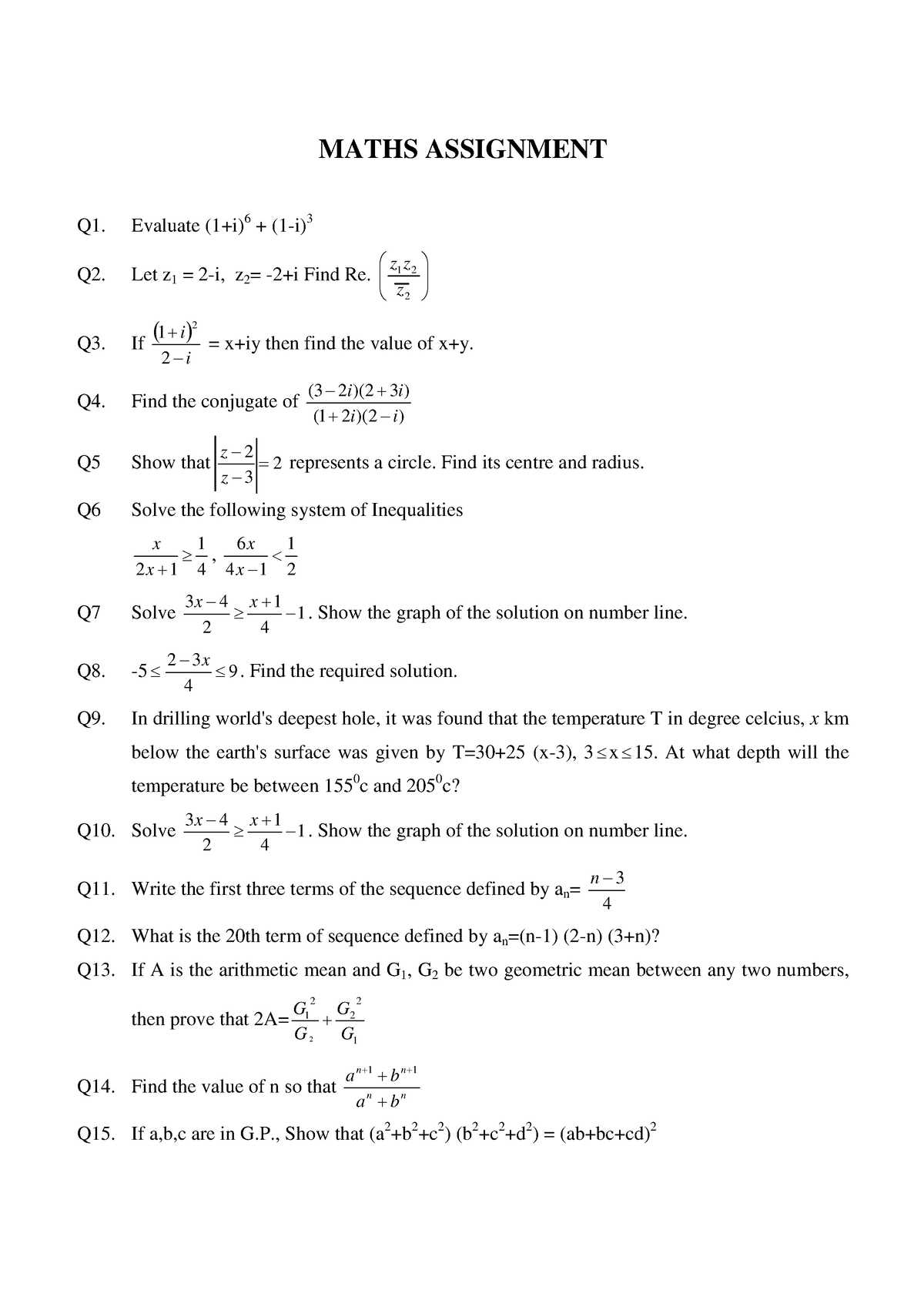 assignment maths class 6