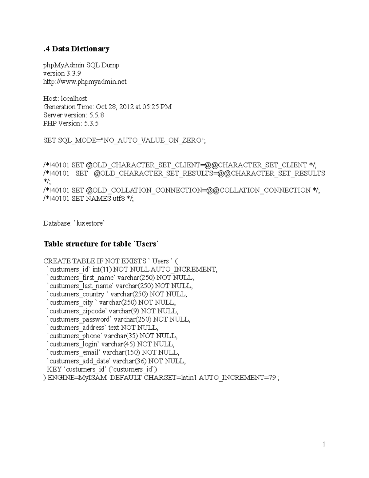 Continuation PLUS Chapt 5 - .4 Data Dictionary phpMyAdmin SQL Dump ...