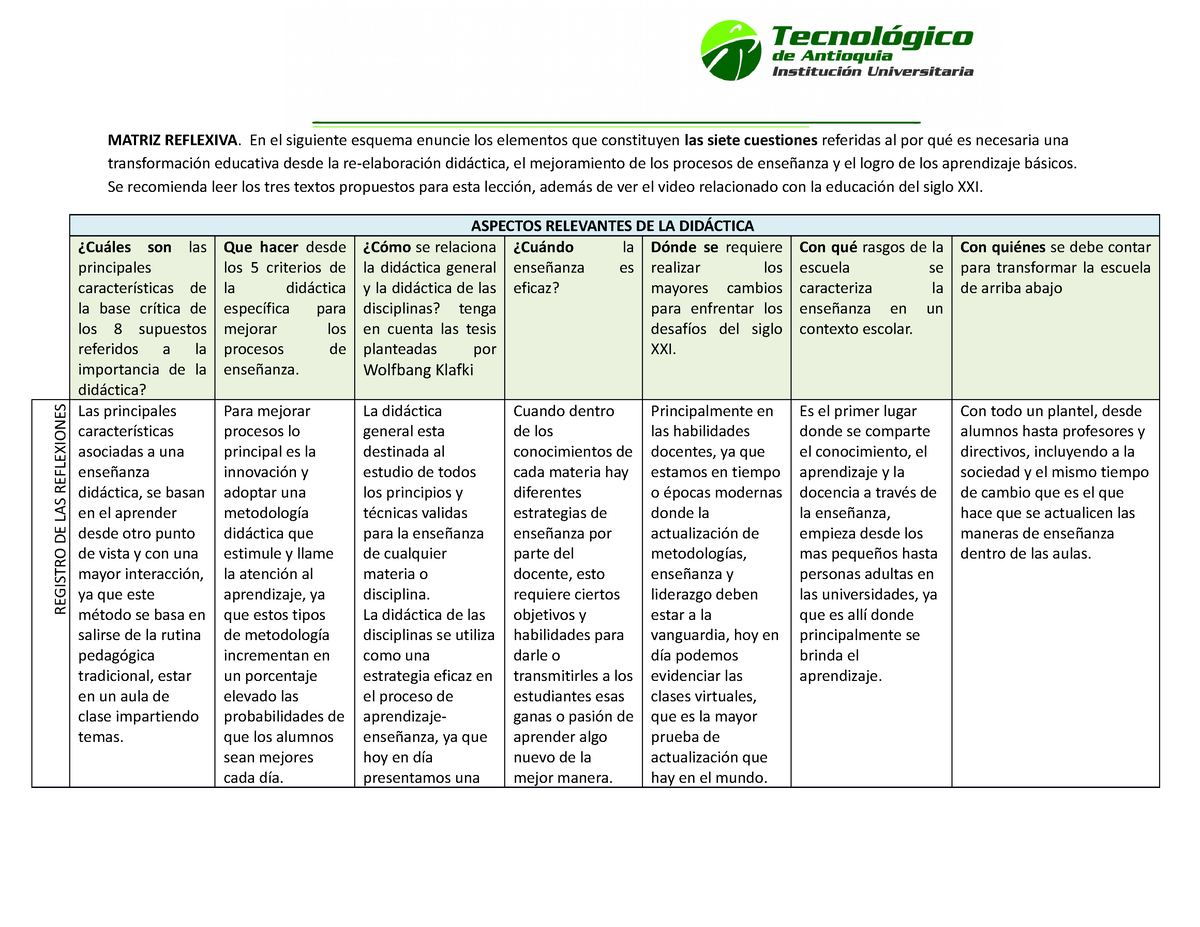 Matriz-Reflexiva Didactica - Sostenibilidad Ambiental - Studocu