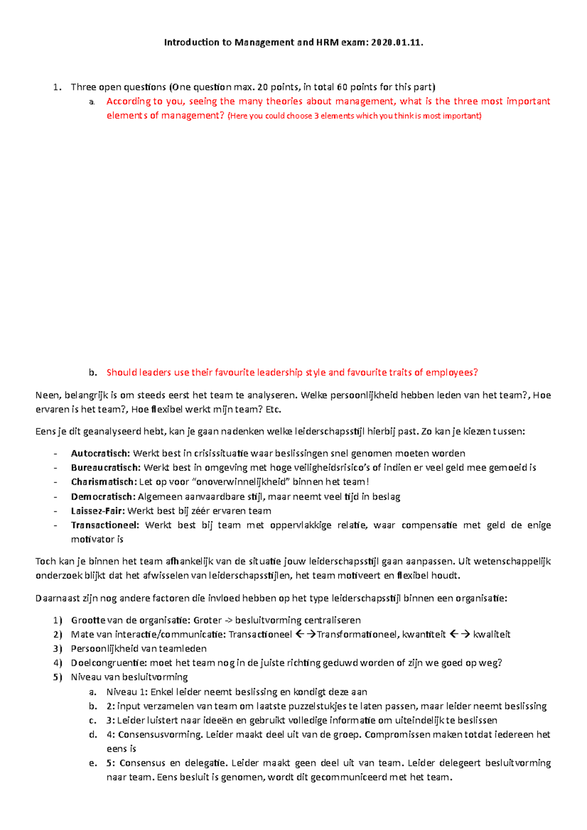 Introduction to Management and HRM exam questions 202001 11 ...