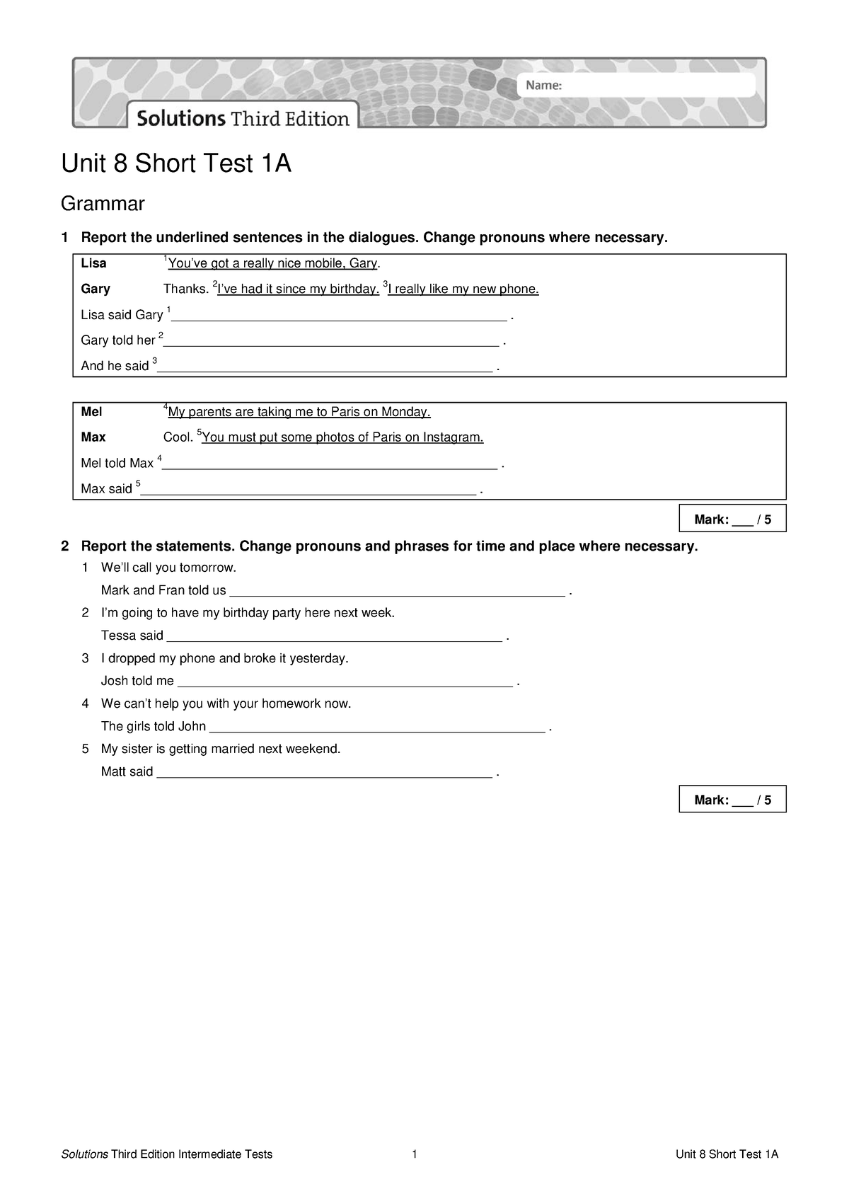 Sol3e Int U8 Short Test 1a - Solutions Third Edition Intermediate Tests ...