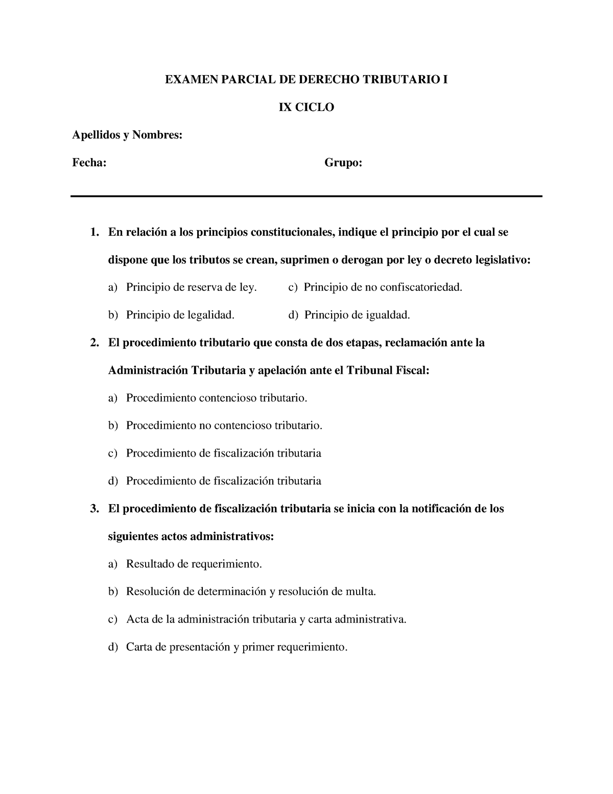 Examen 1 De Derecho Tributario I - EXAMEN PARCIAL DE DERECHO TRIBUTARIO ...