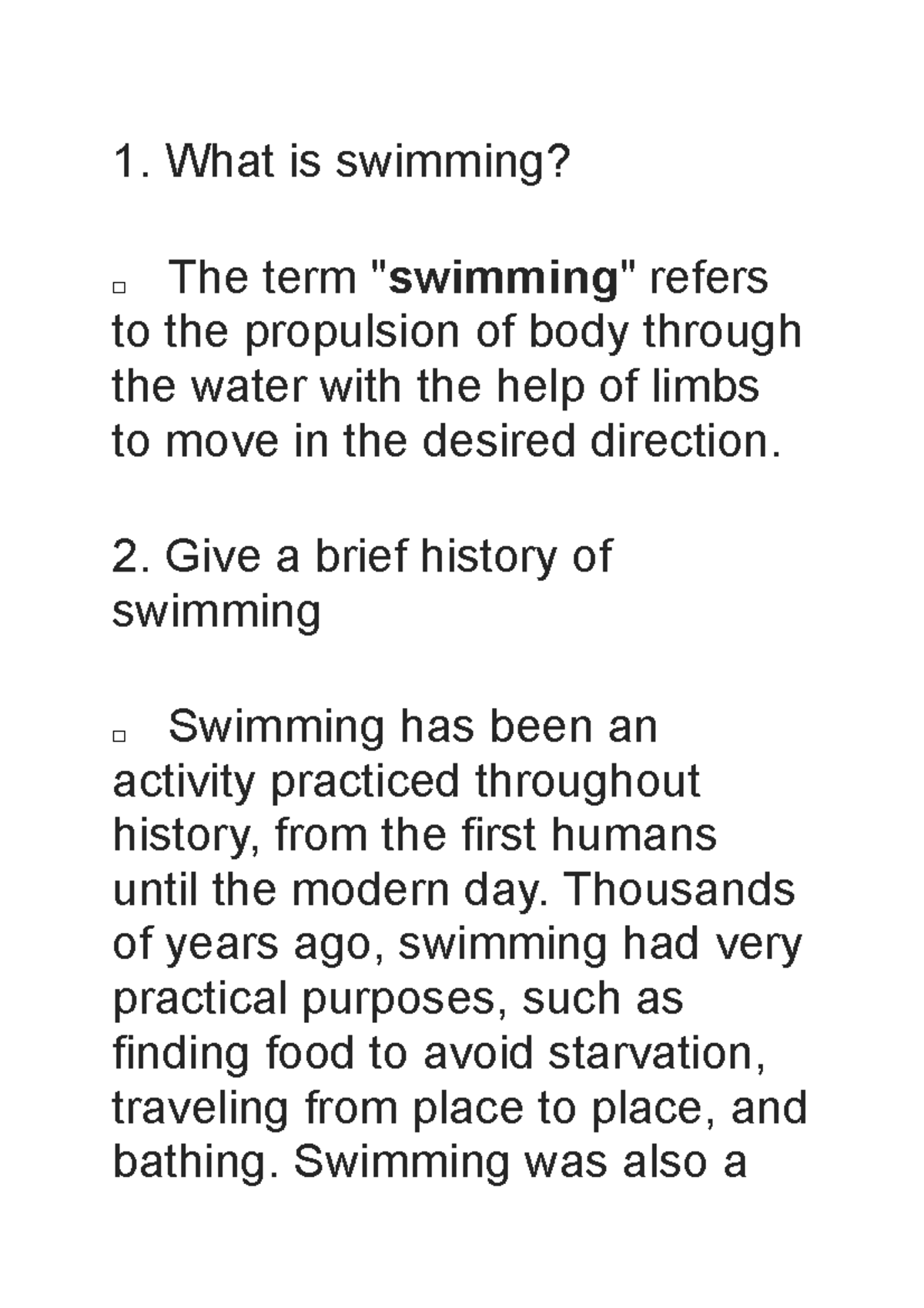 Swimming - Basta - What is swimming? o The term 