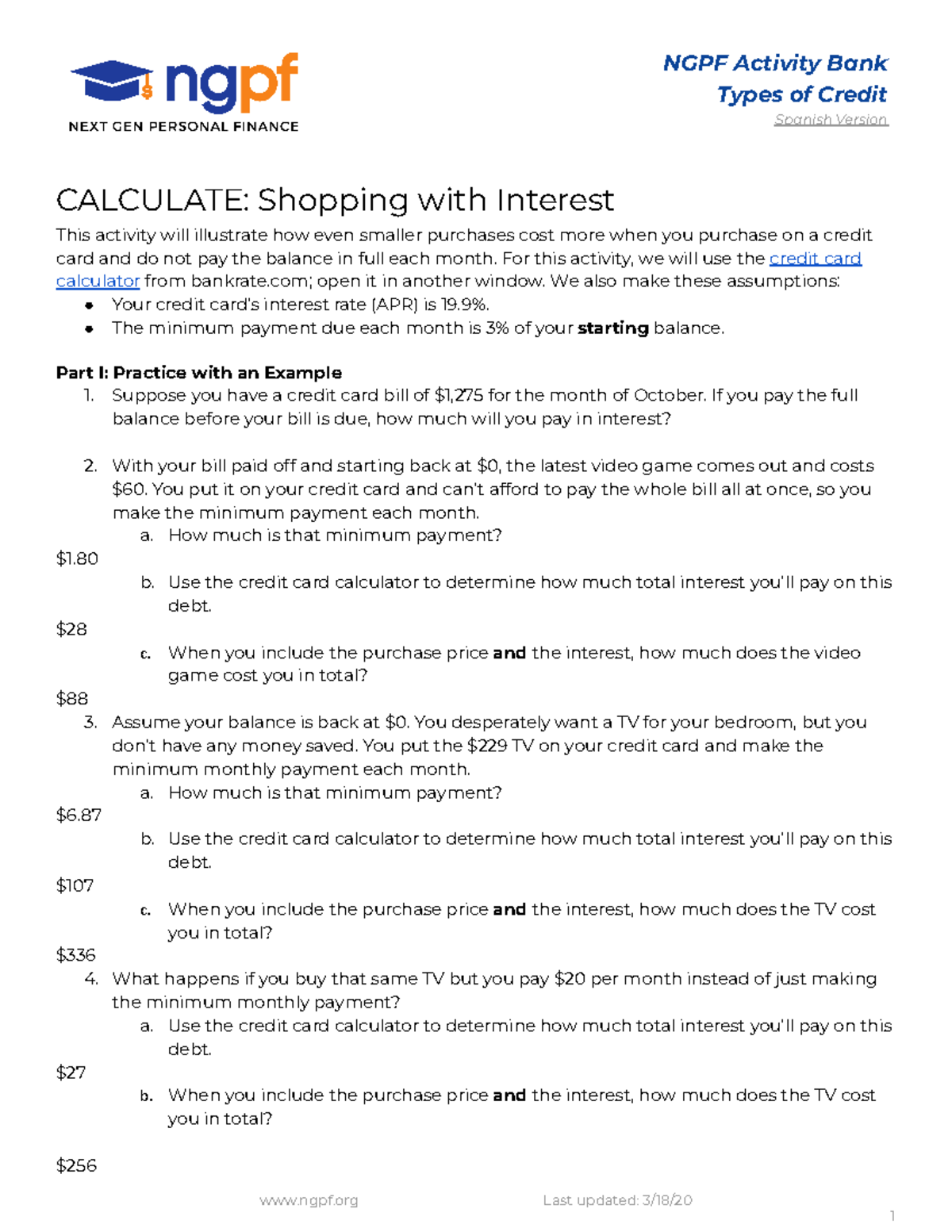 Shopping with Interest - NGPF Activity Bank Types of Credit