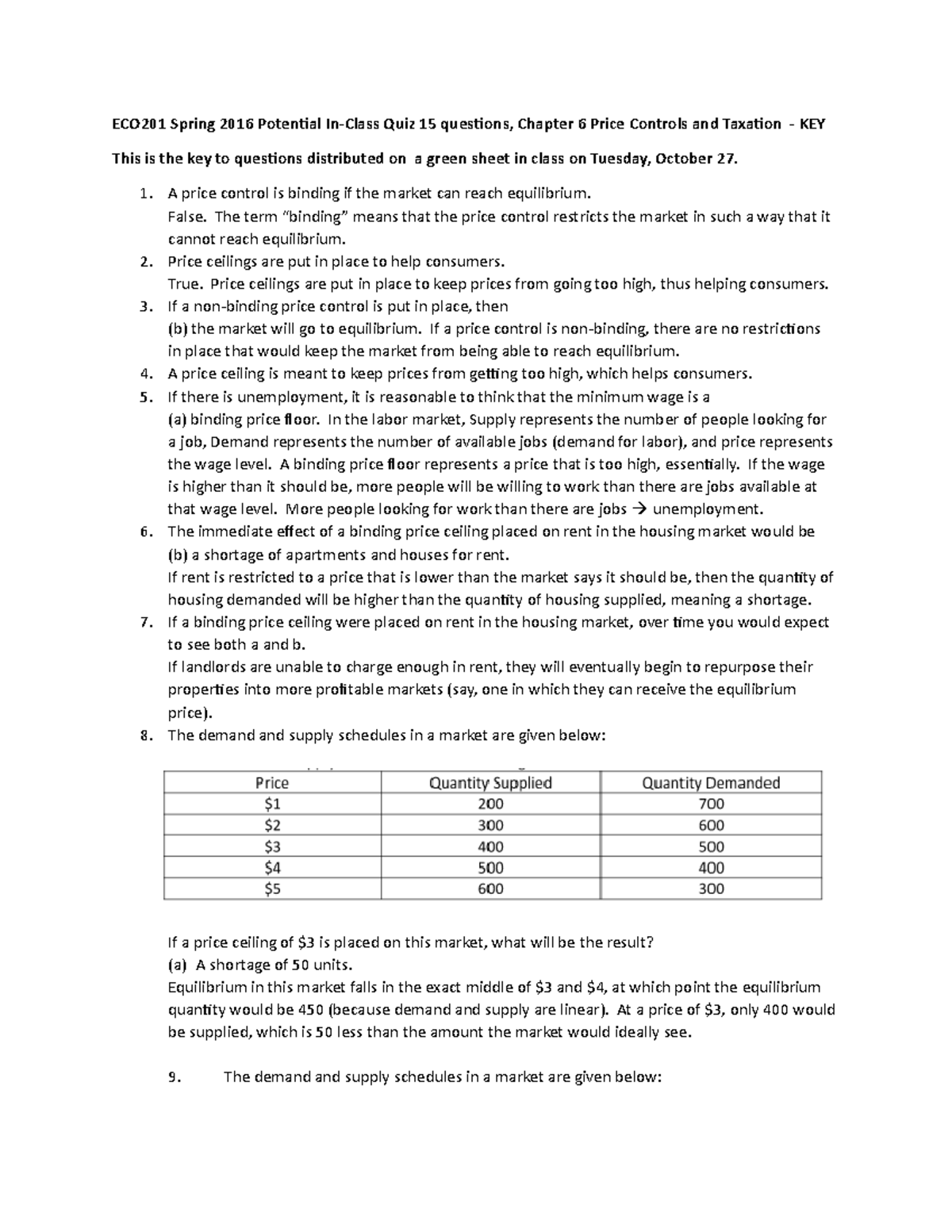 In-class quiz 13, 14, 15 potential questions KEY - ECO201 Spring 2016 ...