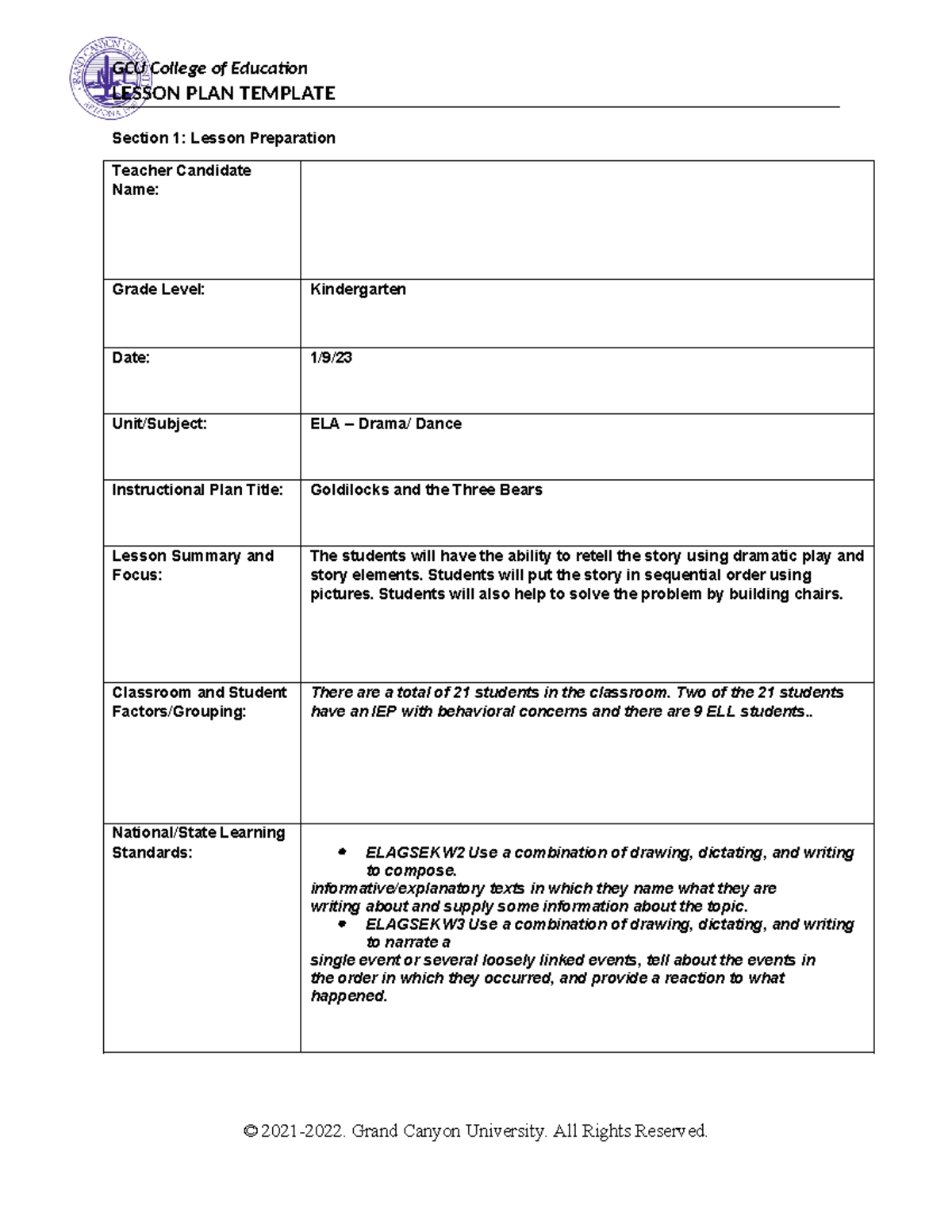 Lesson plan drama - LESSON PLAN TEMPLATE Section 1: Lesson Preparation ...