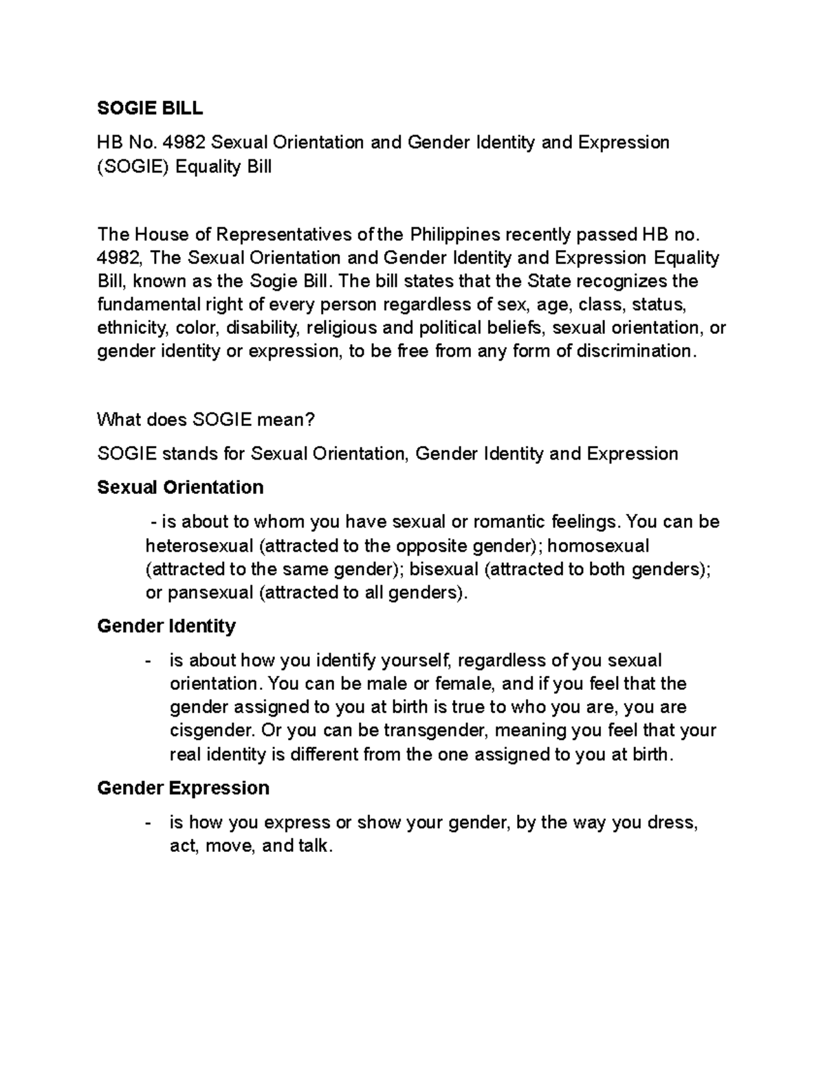 Sogie BILL SOGIE BILL HB No. 4982 Sexual Orientation and Gender