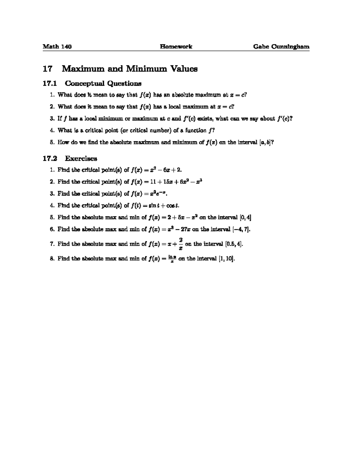 Calc 1 HW Week 8-9 - Gabe Cunningham - Math 140 Homework Gabe ...