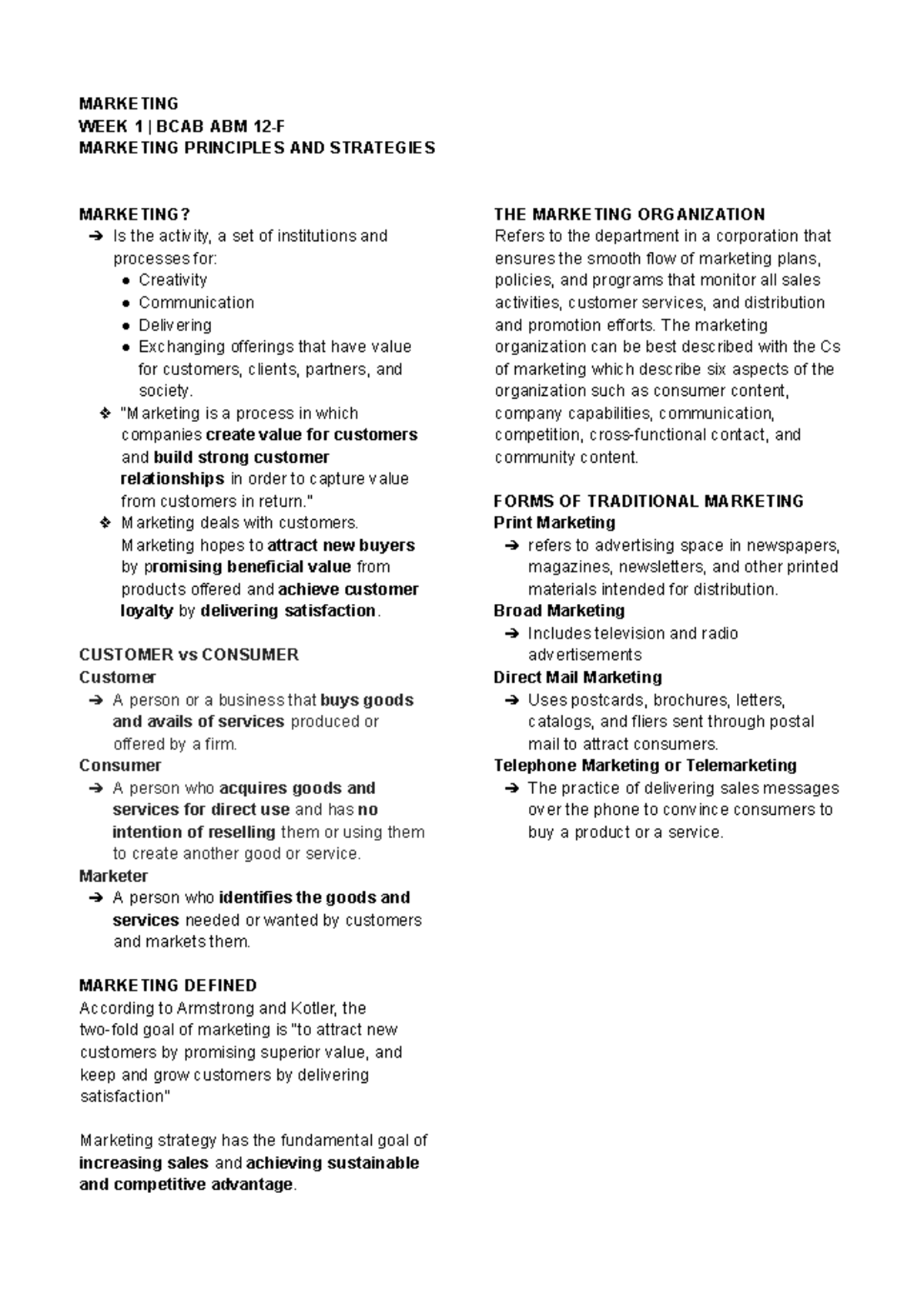 W1 Marketing Principles and Strategies - MARKETING WEEK 1 | BCAB ABM 12 ...