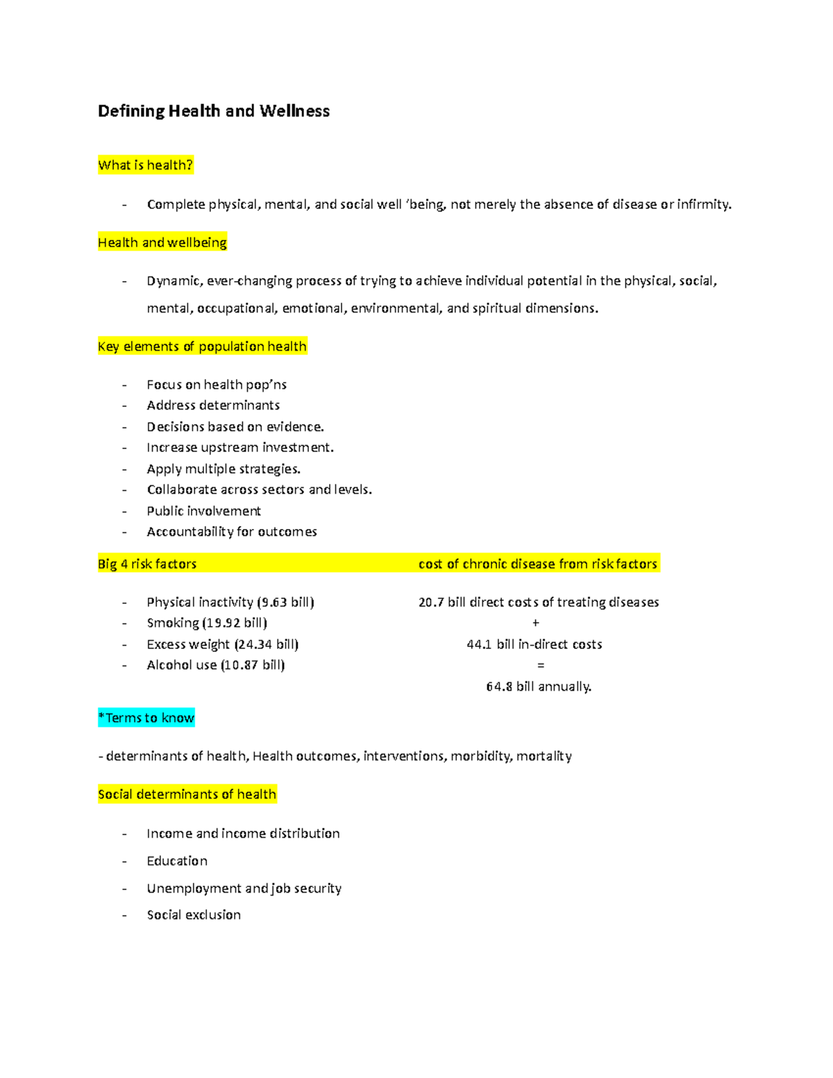 SPSC 2252 notes - Defining Health and Wellness What is health? Complete ...