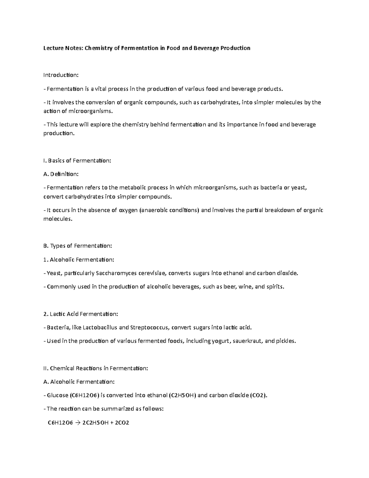 Lecture Notes Chemistry of Fermentation in Food and Beverage