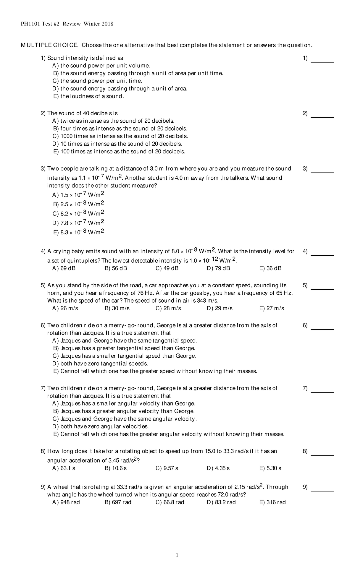 Exam 2 - Example Multiple Choice Questions and Awnsers - PH1101 Test #2 ...