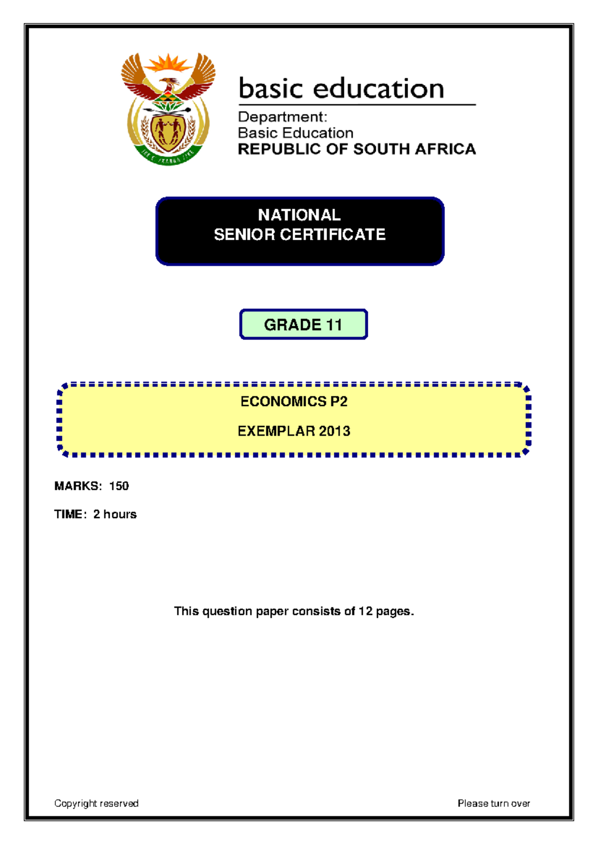 Economics P2 Grade 11 Exemplar 2013 Eng - MARKS: 150 TIME: 2 hours This ...
