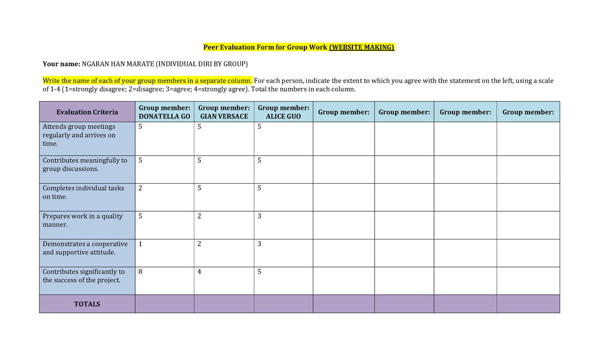 Example Web Making Peer Eval Group Work - Peer Evaluation Form for ...