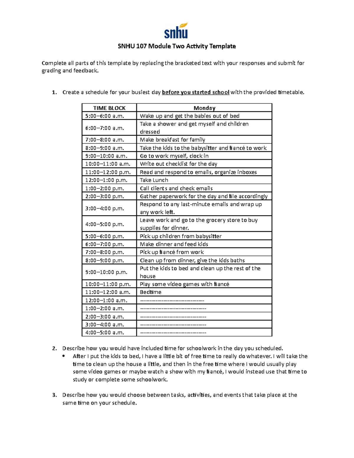 SNHU 107 Module Two Activity Create a schedule for your busiest day